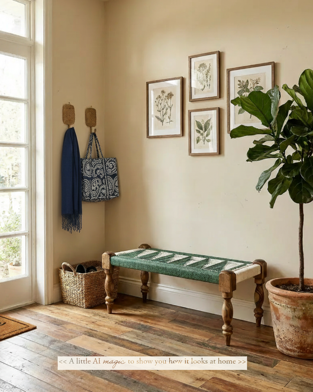 Indian Bench, Sheesham Wood & Cotton Rope- Green & White