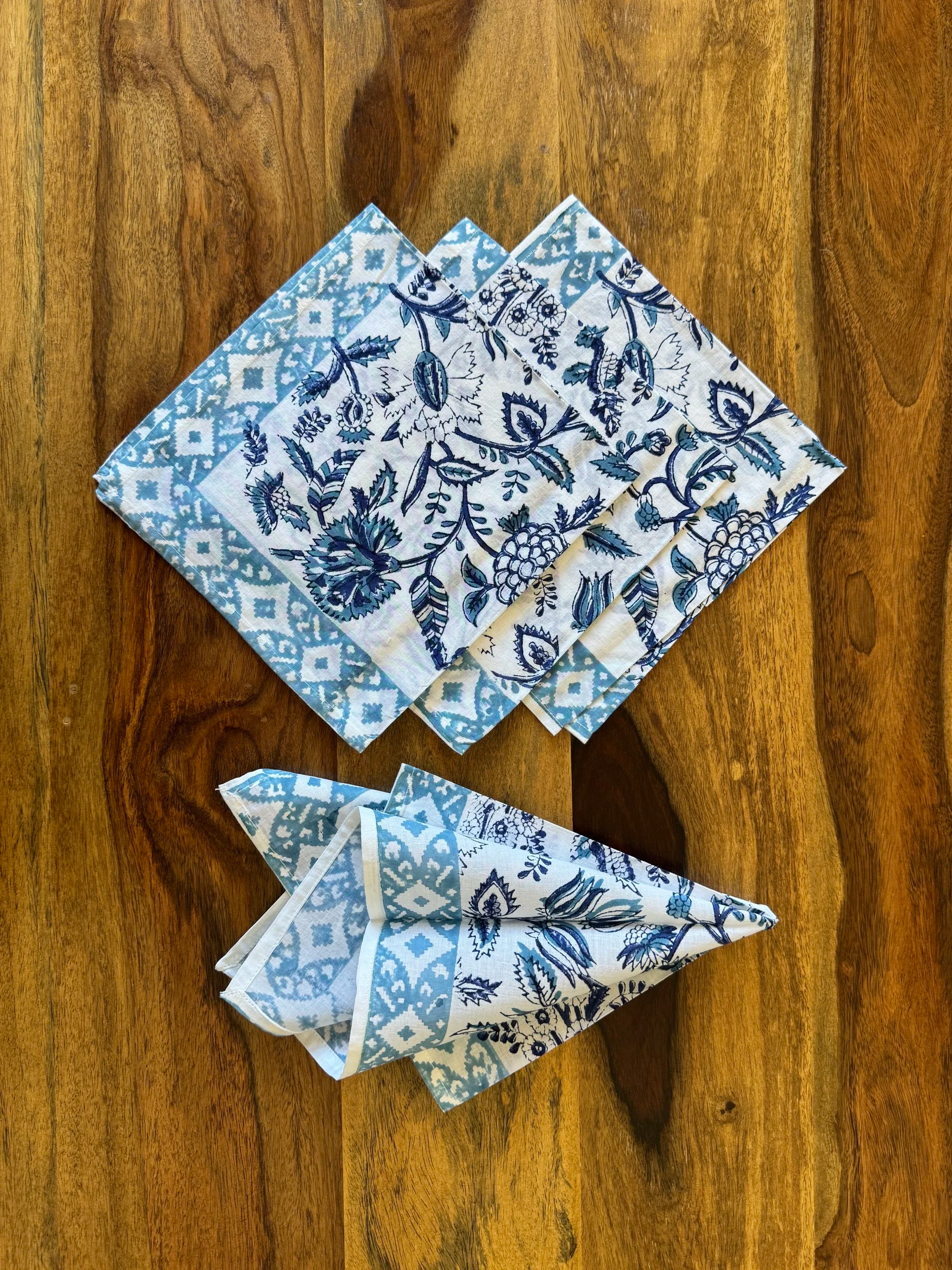 Lightweight Cotton Block Print Table Napkins- White & Blue
