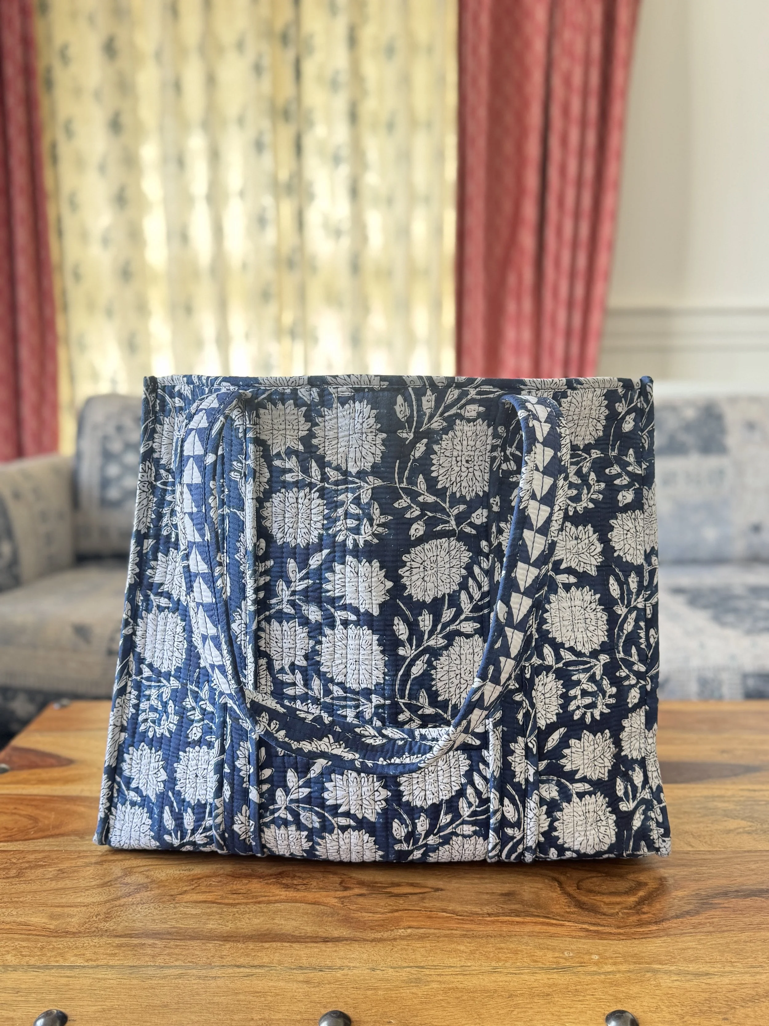 Quilted Cotton Tote Bag – Jaipur Floral Block Print Shoulder Bag- Cobalt Blue
