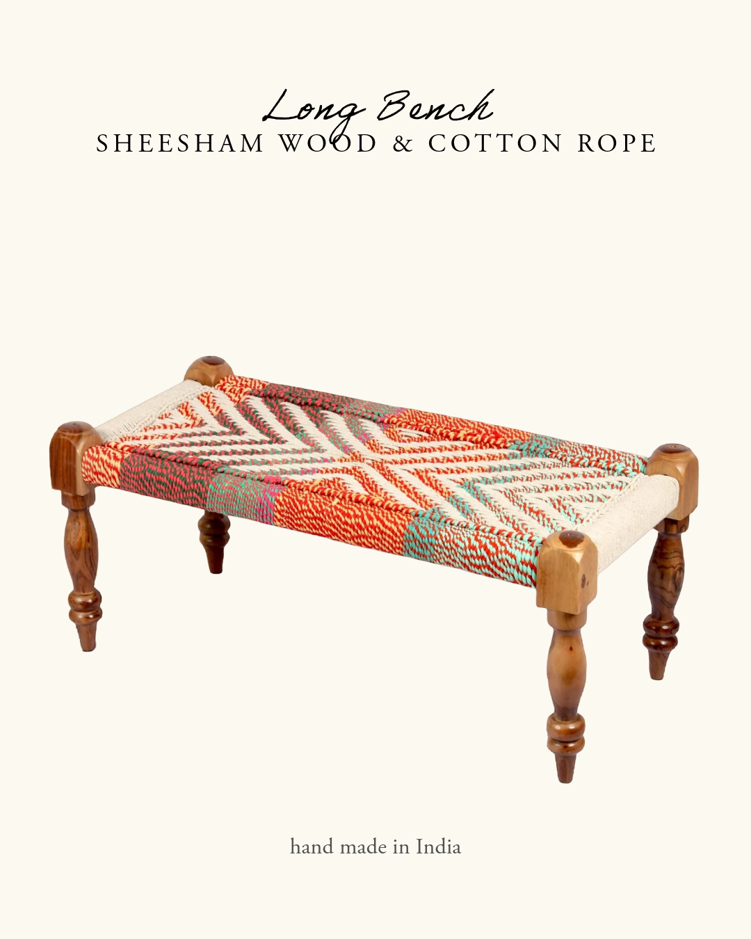 Indian Bench, Sheesham Wood & Cotton Rope- Orange & White