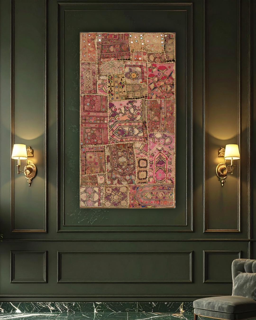 Vintage Hand-Embroidered Patchwork Textile | Collector’s Wall Art