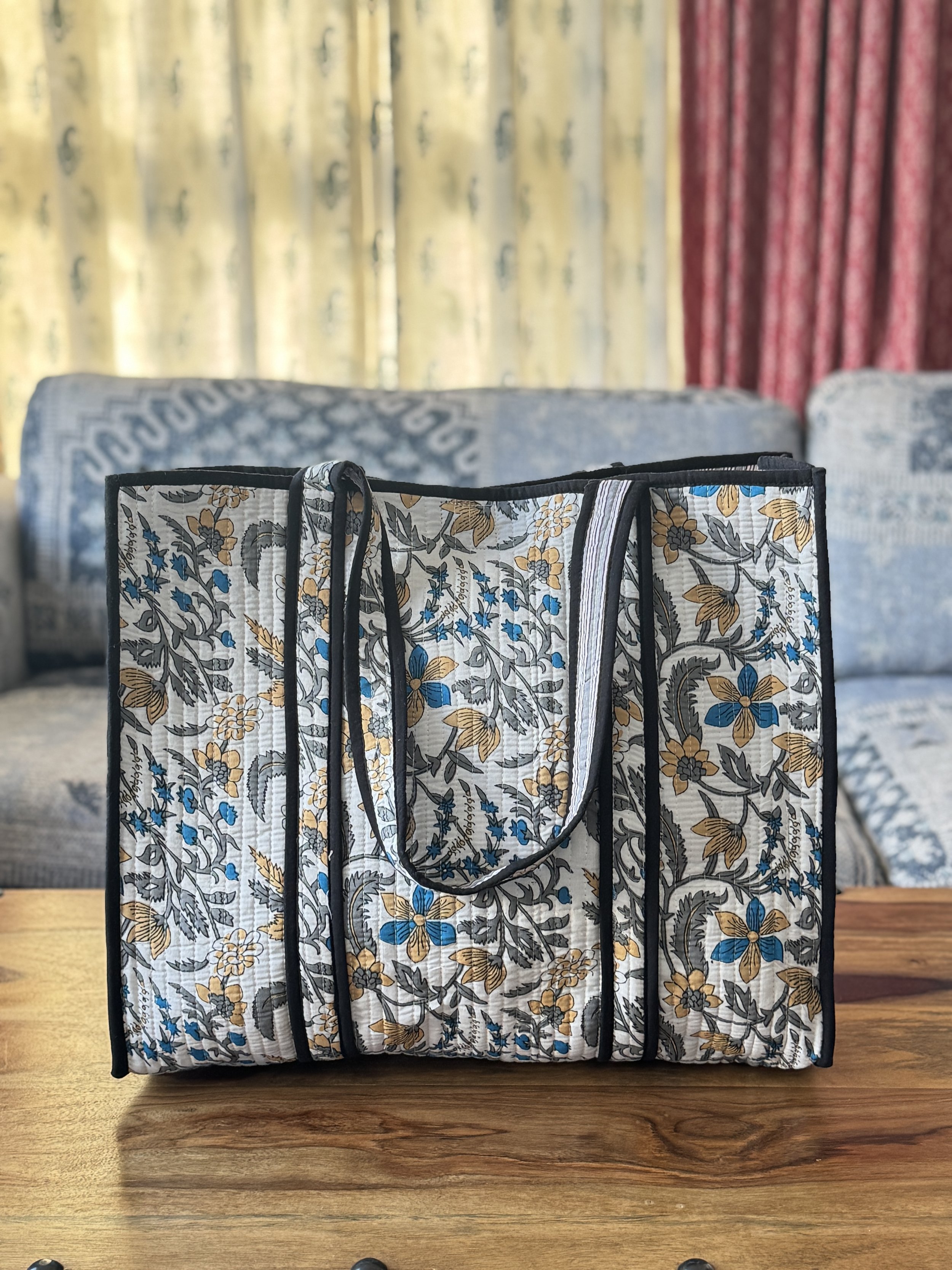 Quilted Cotton Tote Bag – Jaipur Floral Block Print Shoulder Bag- White