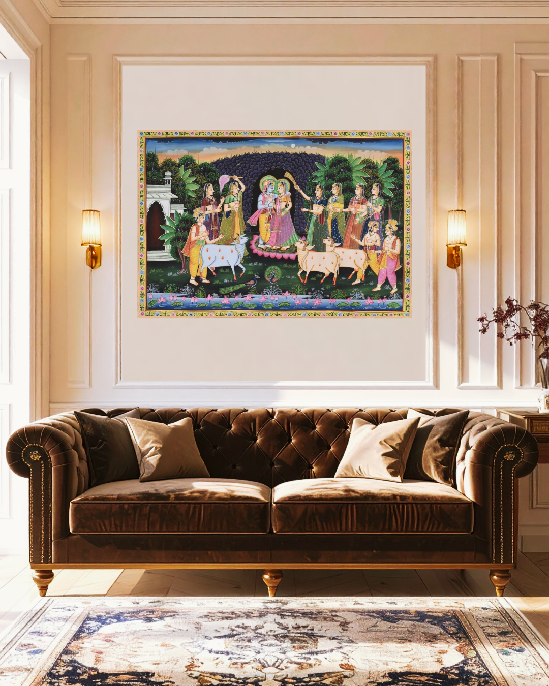 Radha Krishna Pichwai Painting with Sacred Cows, Handpainted