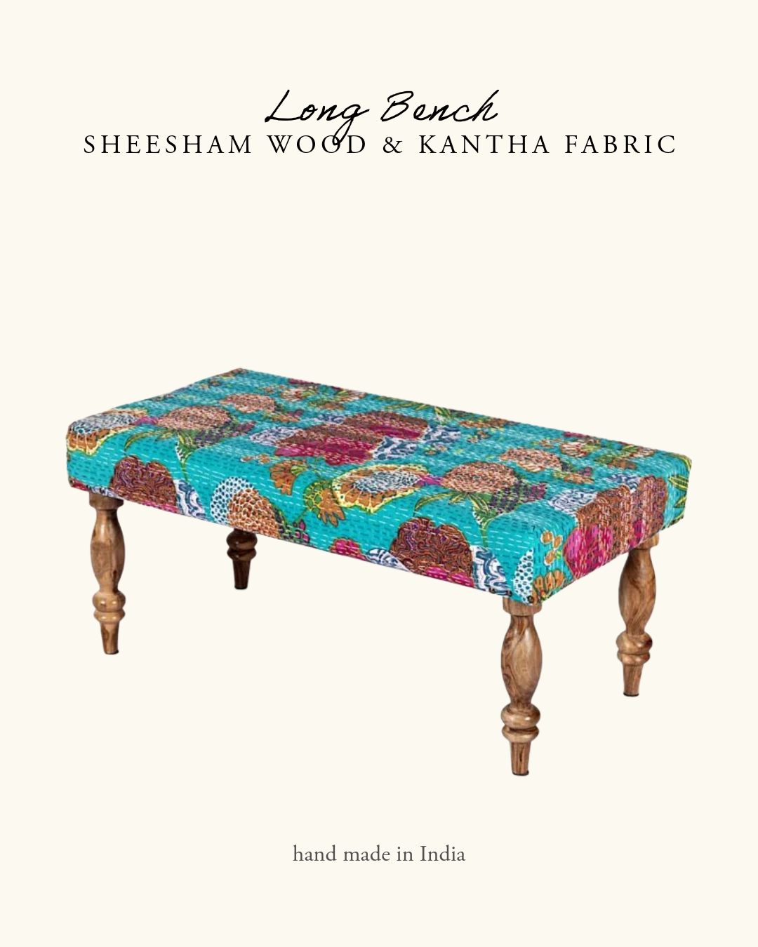 Indian Bench, Sheesham Wood & Cotton Rope- Kantha- Teal