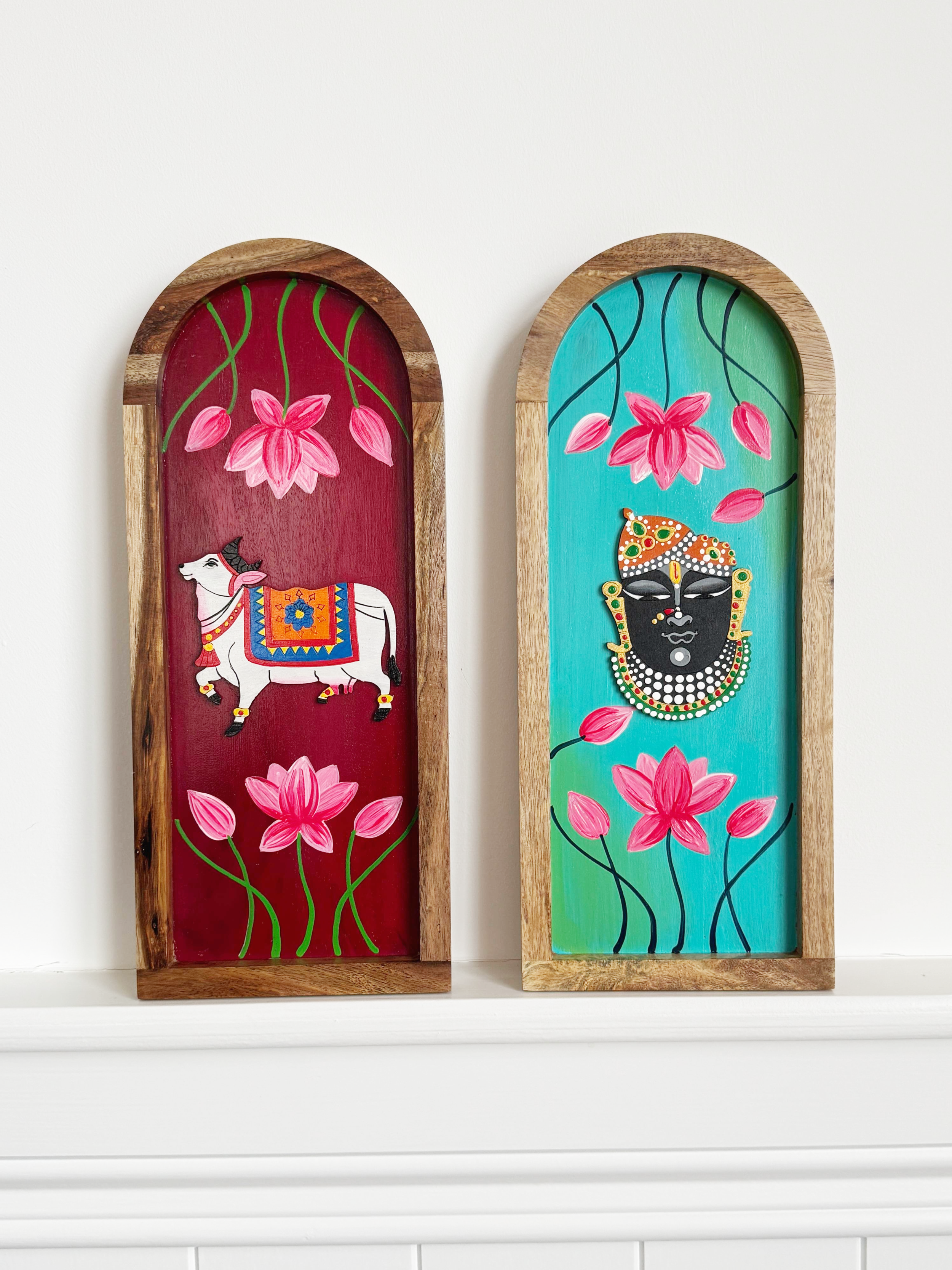 Handpainted Pichwai Wooden Wall Plates- Set of Two (Long)