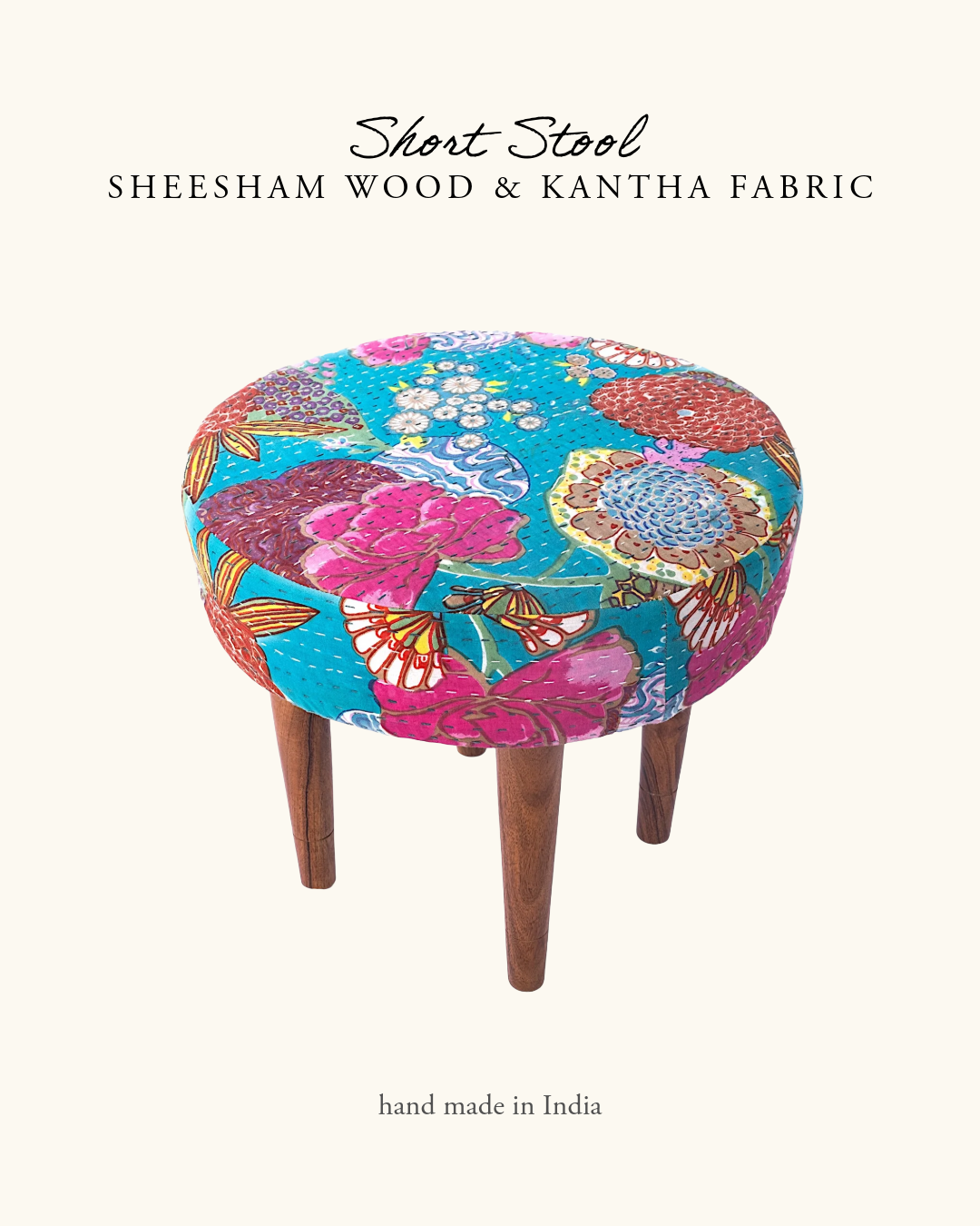 Short Stool, Sheesham Wood & Kantha- Teal