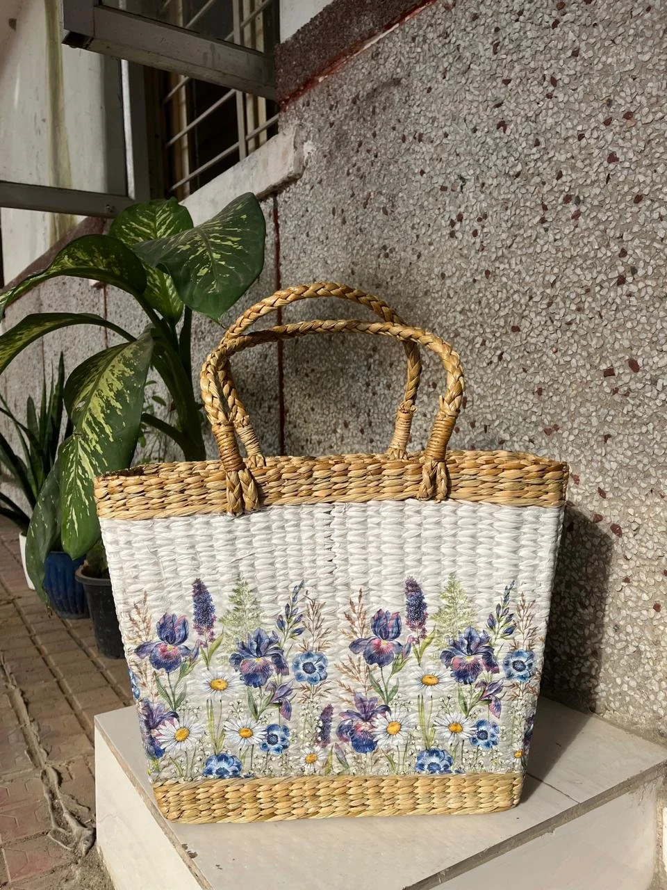 Seagrass Decoupage Basket with Handles - Lavender Bloom