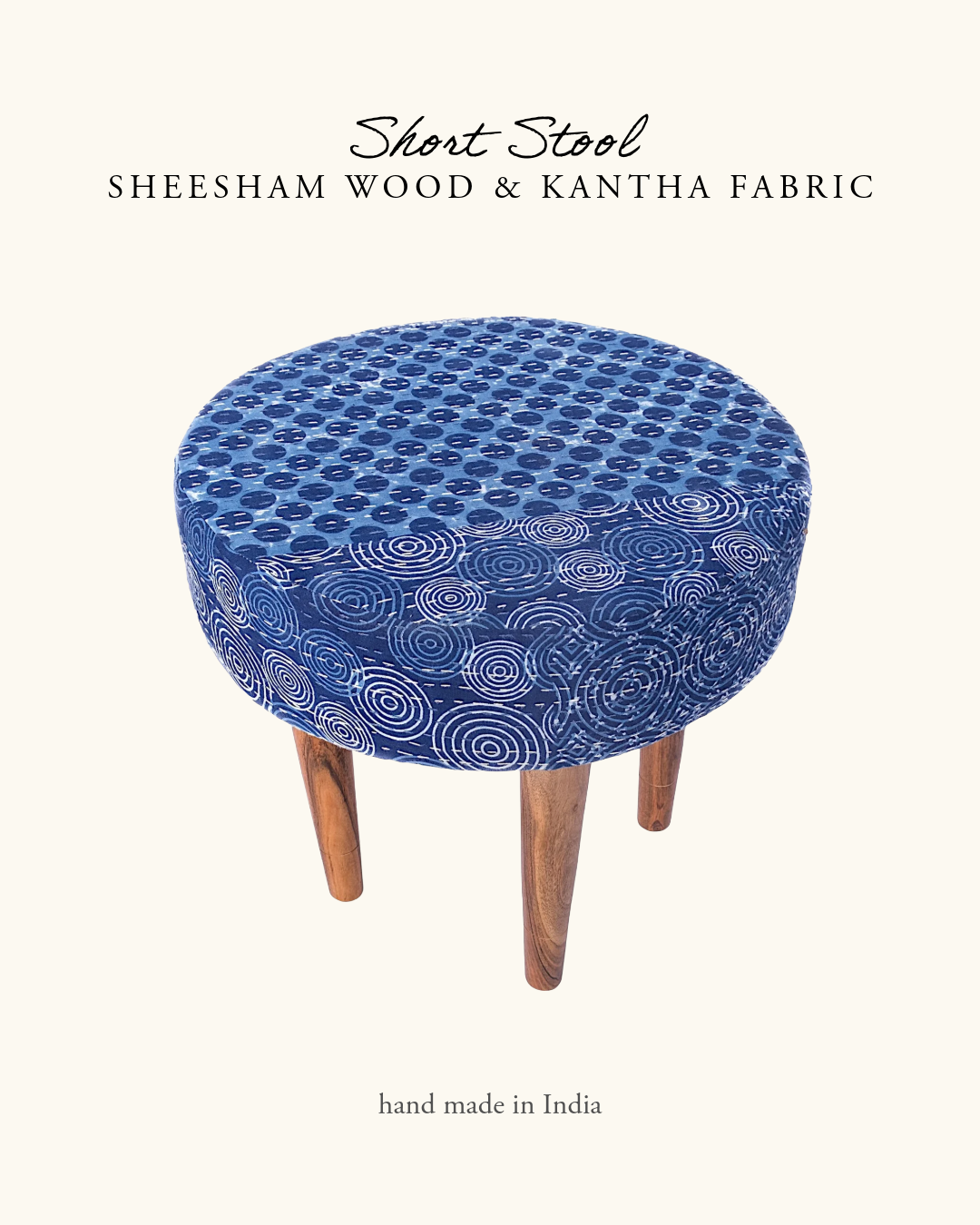 Short Stool, Sheesham Wood & Kantha- Blue Patchwork