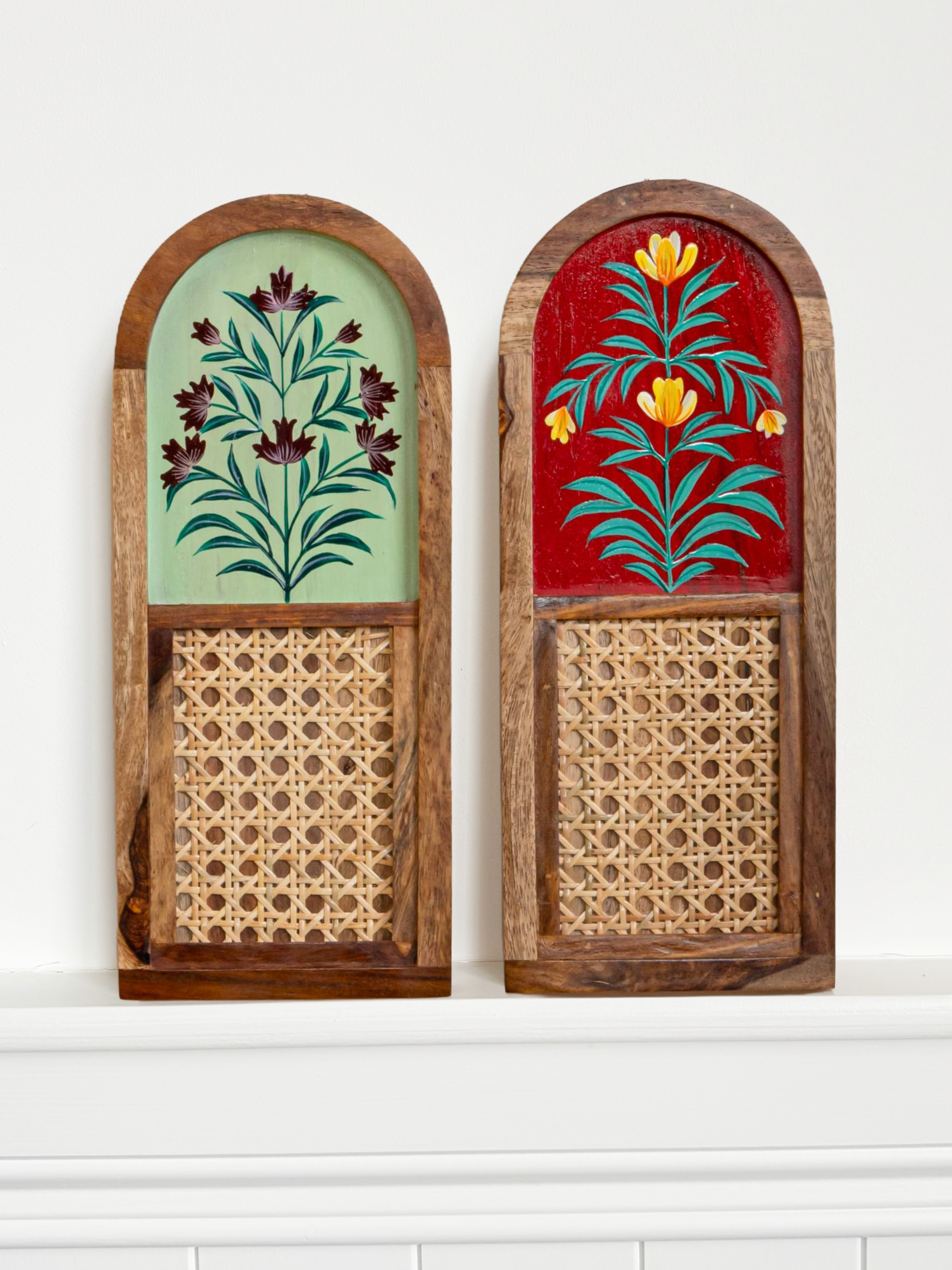 Handpainted Vines + Rattan Wooden Wall Plates- Set of Two