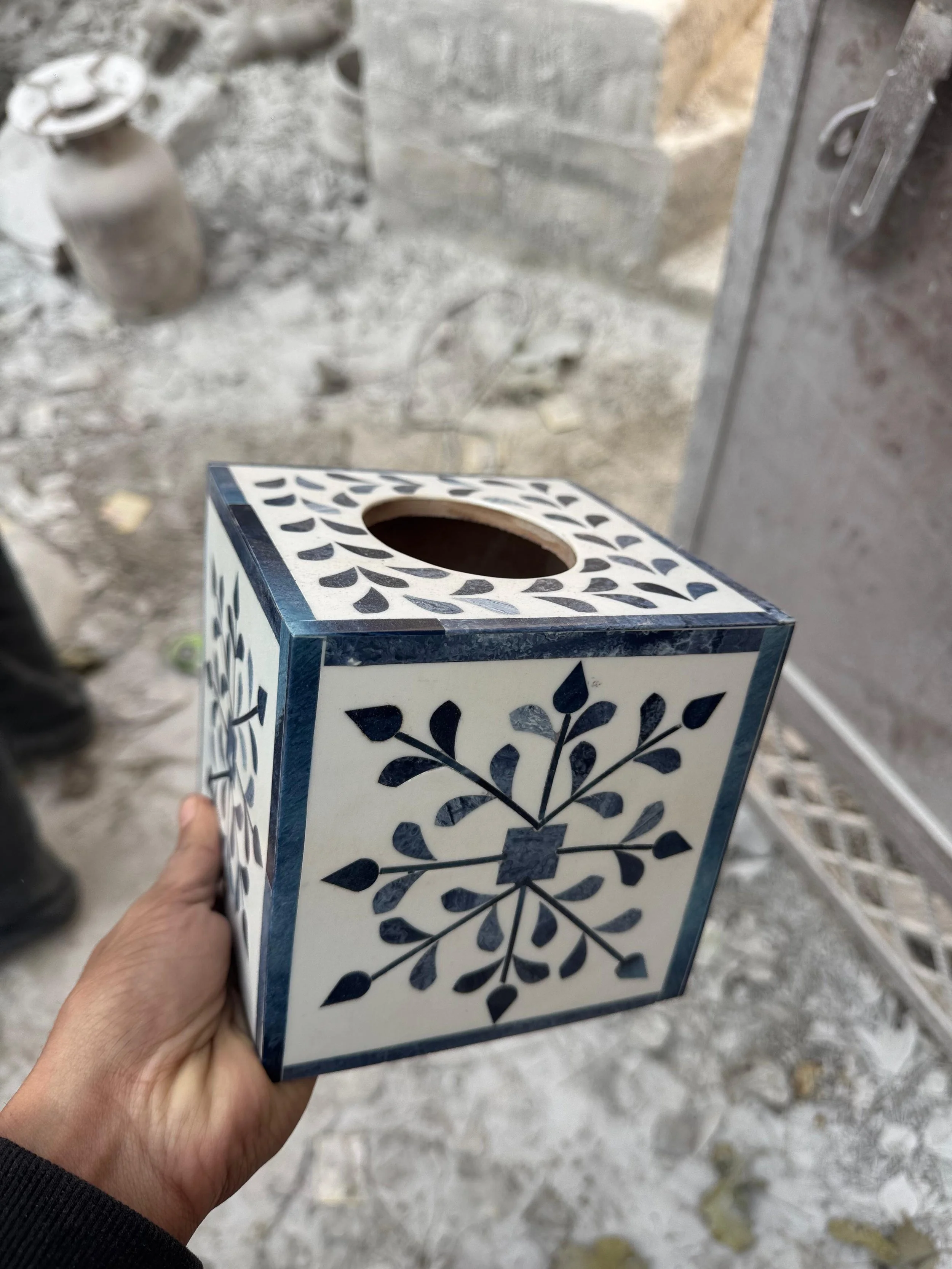 Tissue Box Cover Cube- Inlay on Wood- Indigo