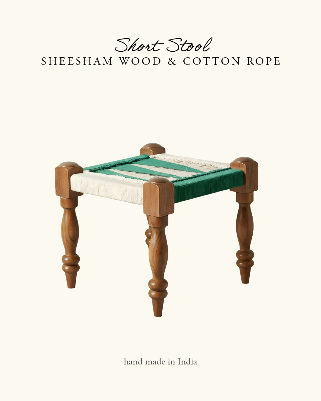 Short Stool, Sheesham Wood & Cotton Rope- Green & White