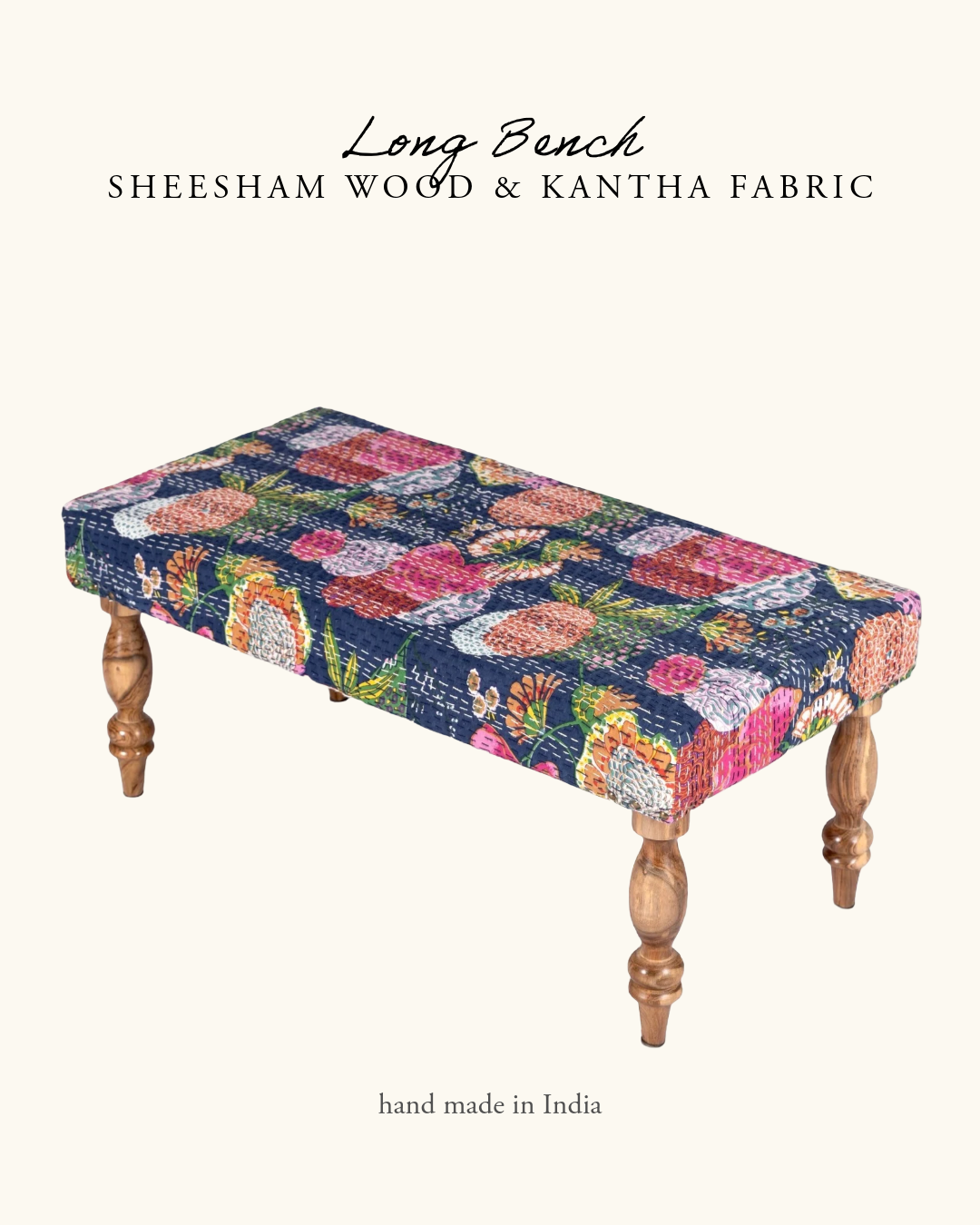 Indian Bench, Sheesham Wood & Kantha- Blue