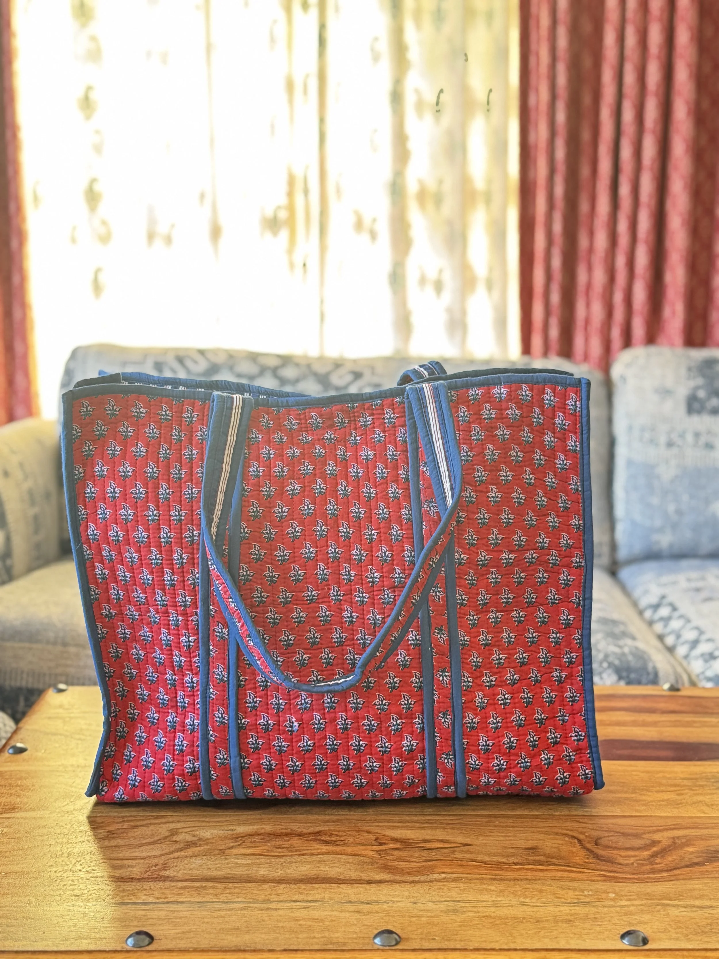 Quilted Cotton Tote Bag – Jaipur Floral Block Print Shoulder Bag- Red