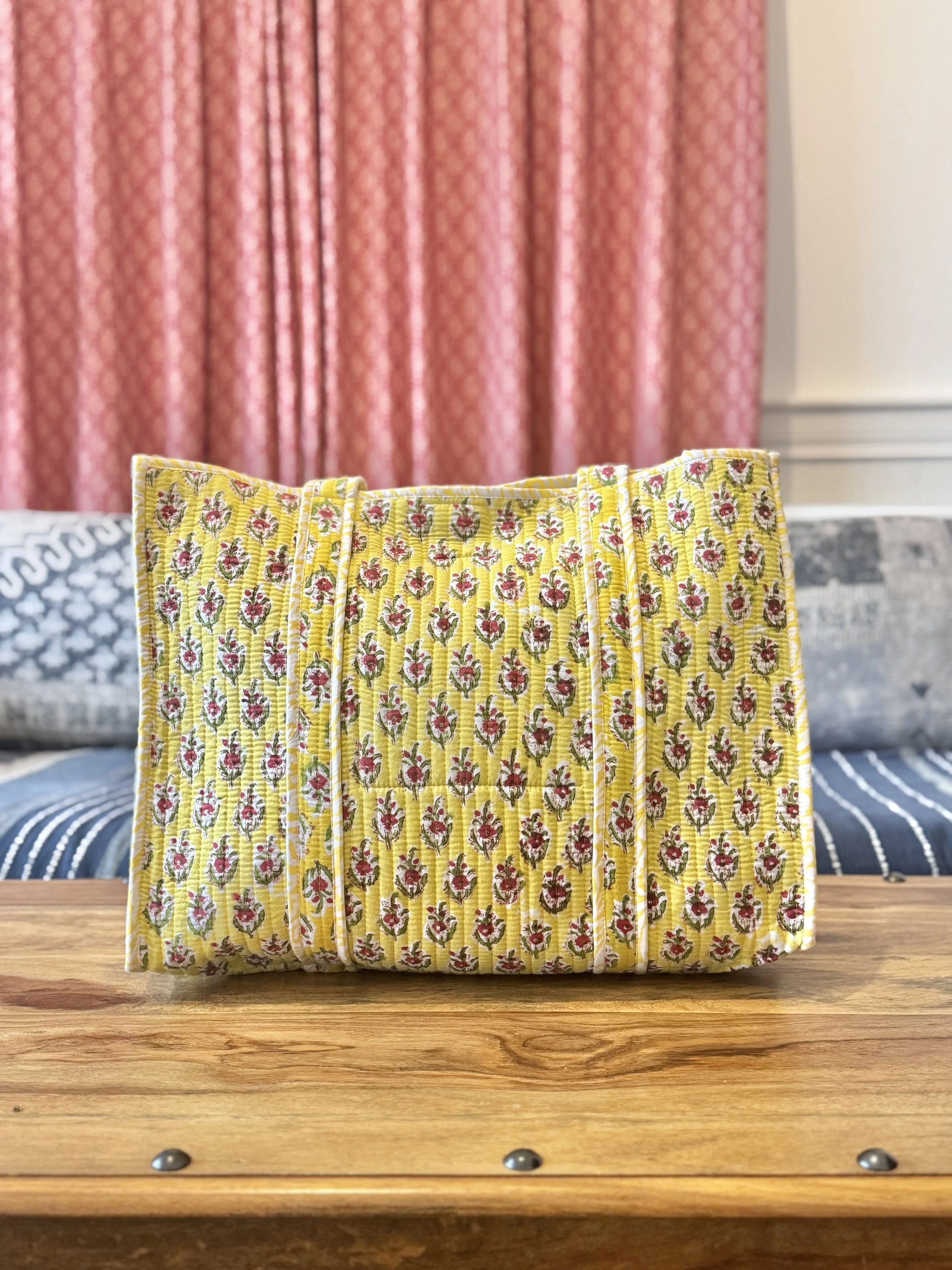 Indian Block print Quilted Cotton Tote Bag- Yellow