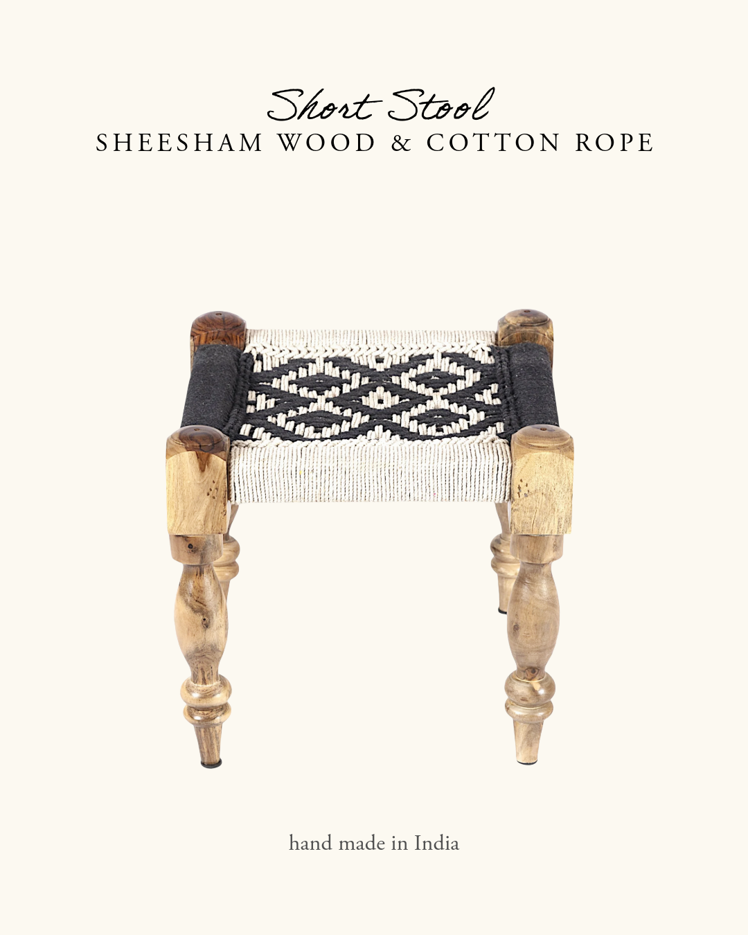 Short Stool, Sheesham Wood & Cotton Rope- Black & White