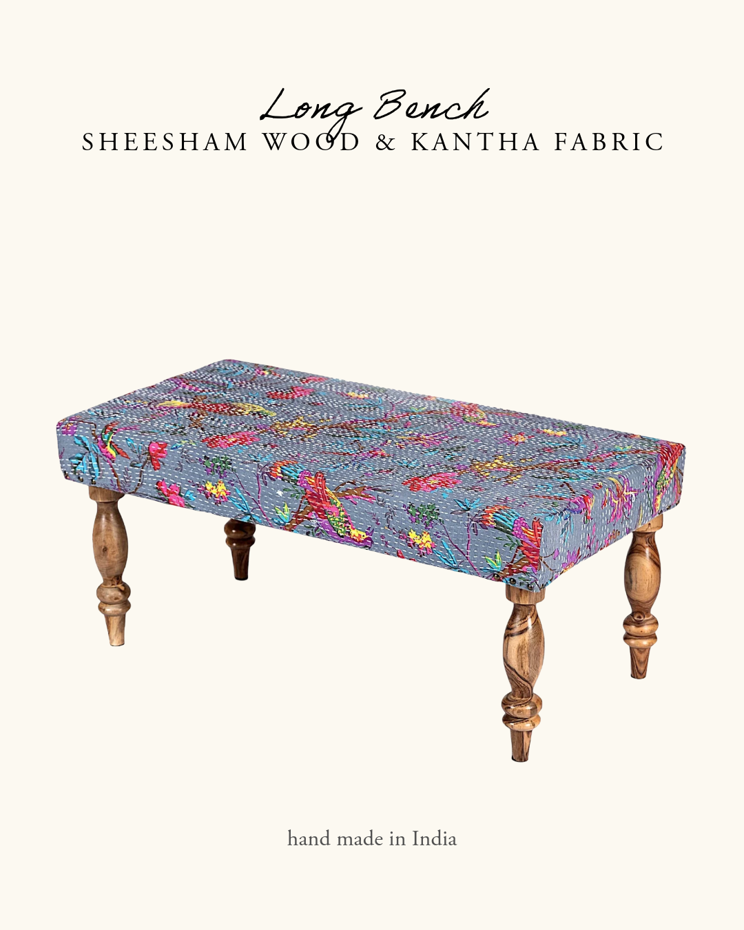 Indian Bench, Sheesham Wood & Cotton Rope- Kantha- Grey Birdie