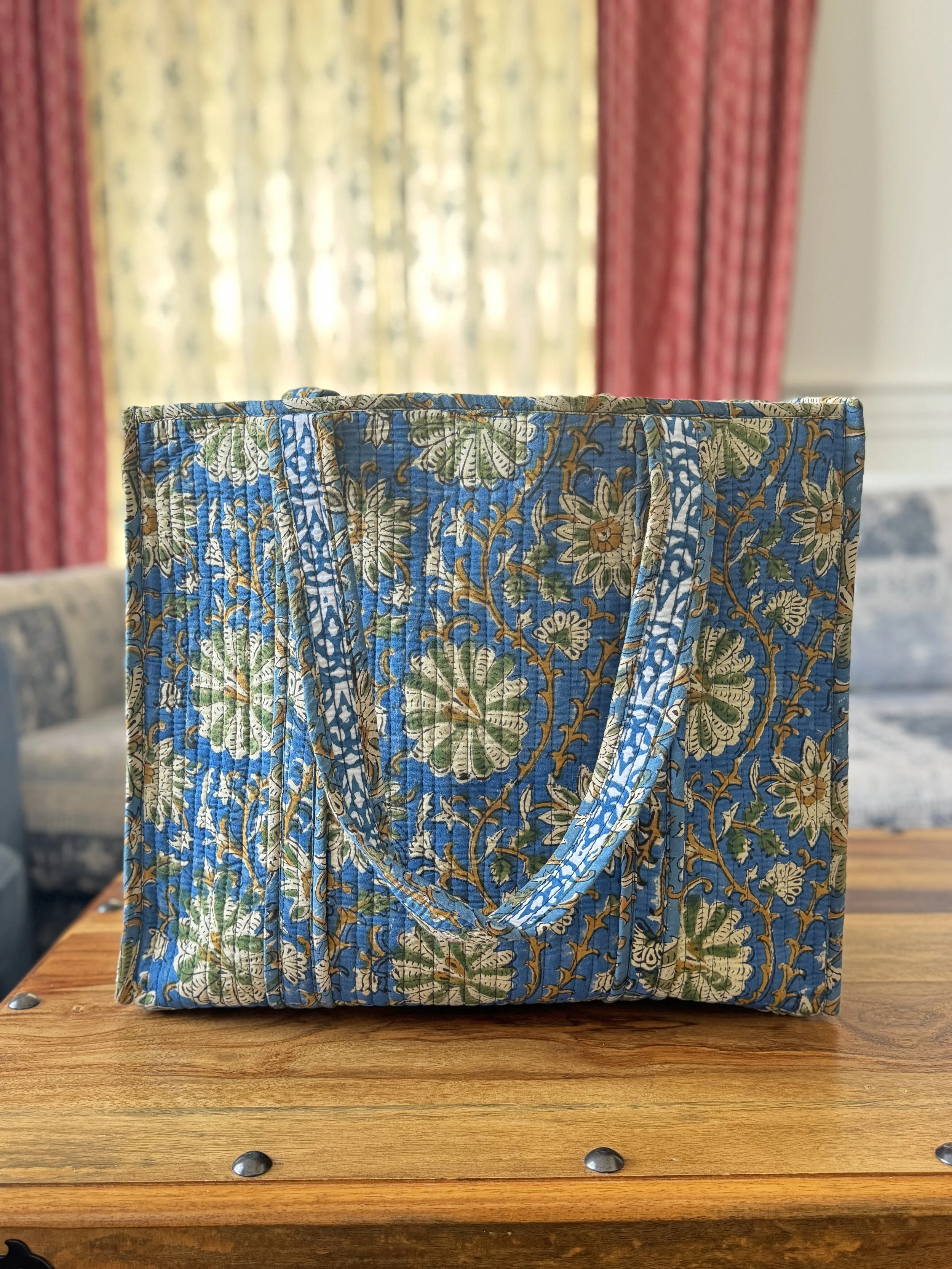 Quilted Cotton Tote Bag – Jaipur Floral Block Print Shoulder Bag- Crystal Blues & Green