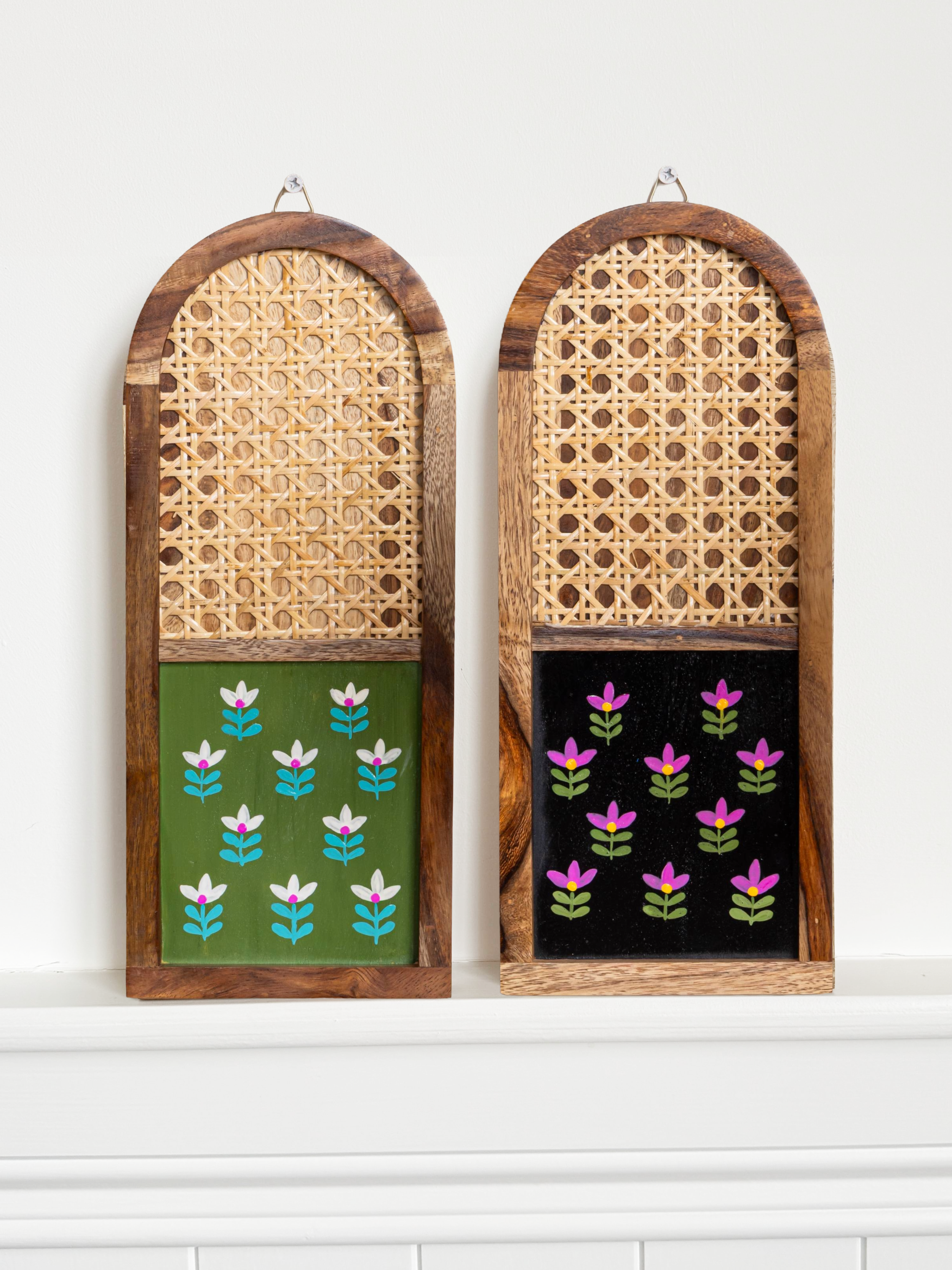 Handpainted Flower Bud Wooden Wall Plates- Set of Two