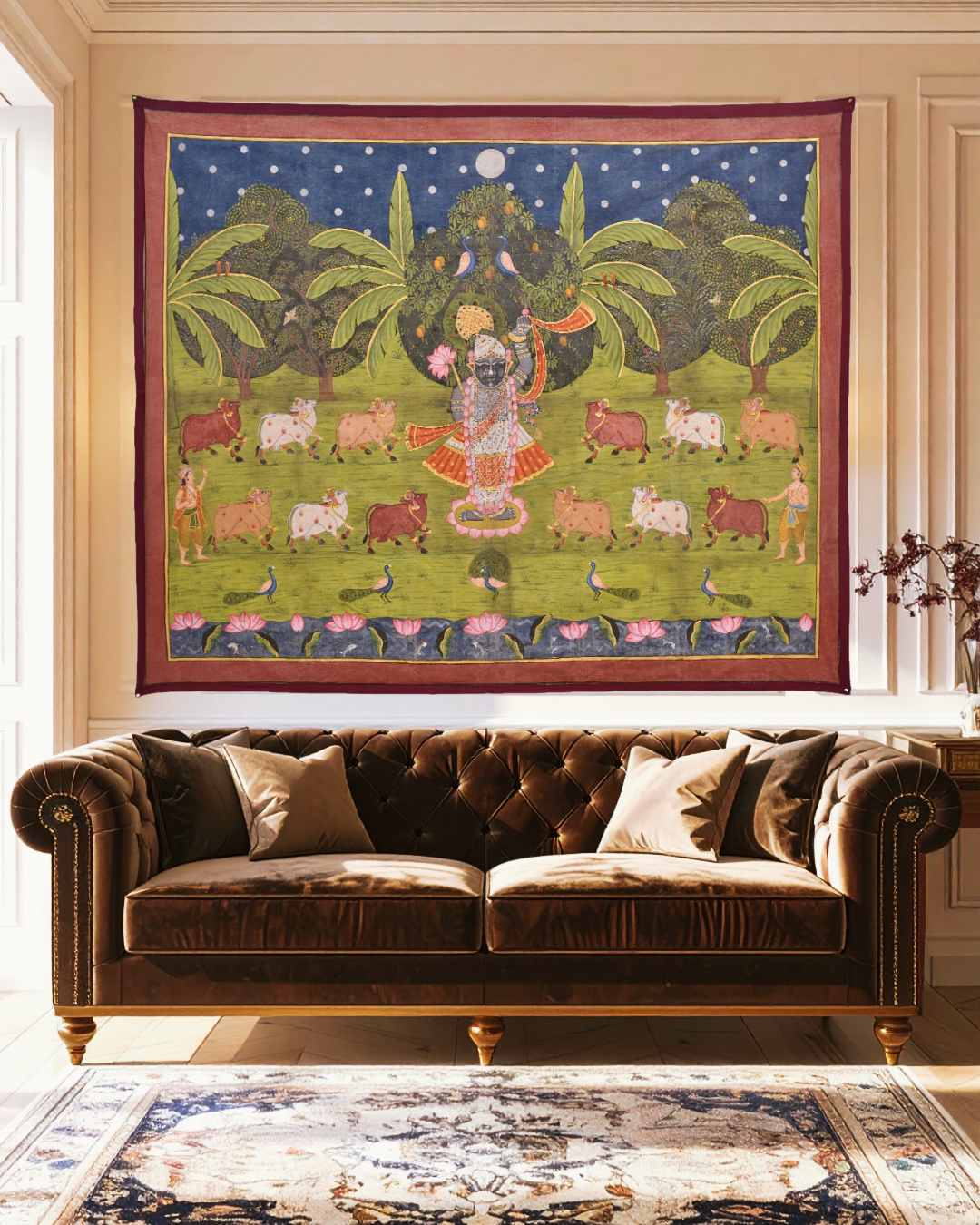 Pichwai Wall Painting- Handpainted, Srinathji In Forest With Cows