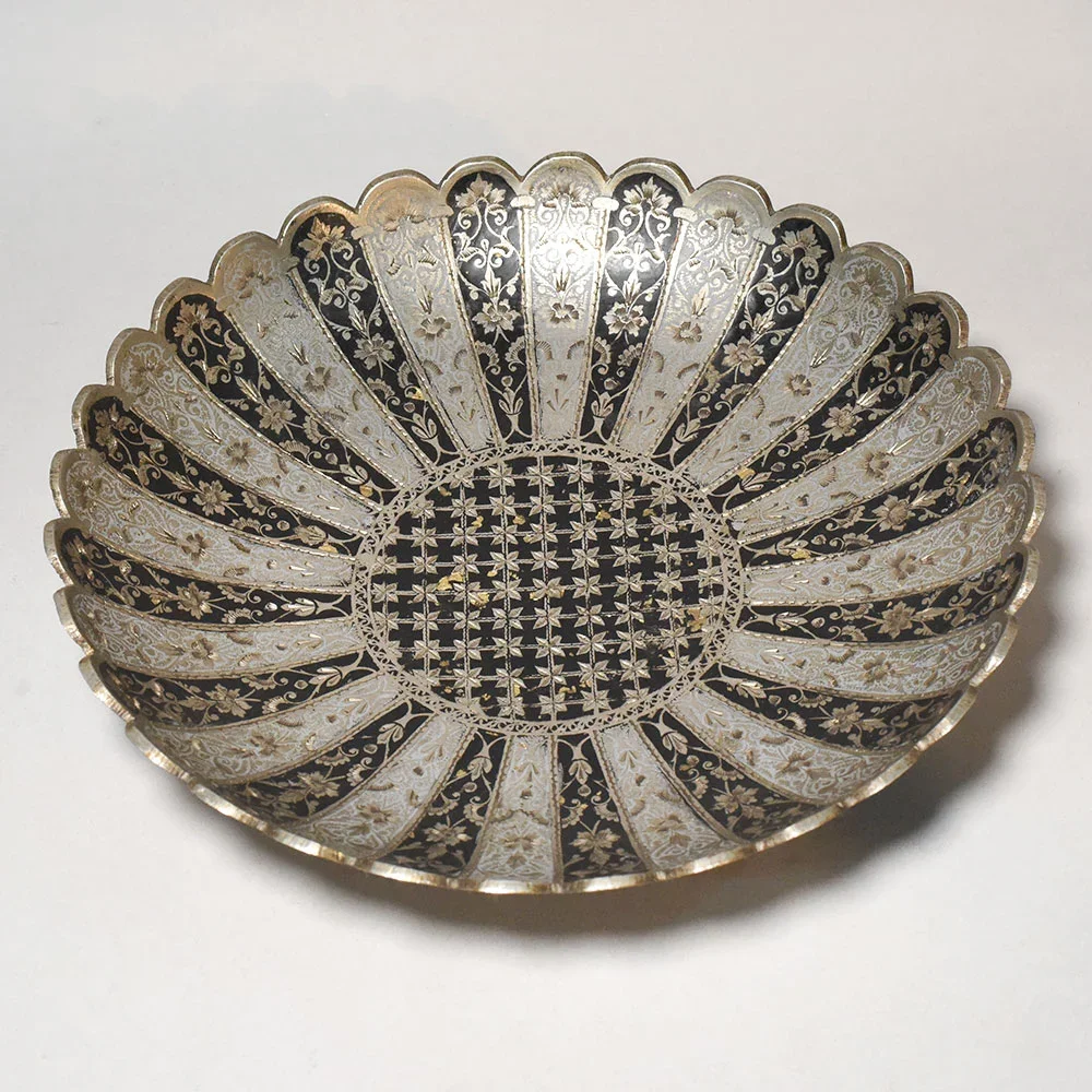 Floral Engraved Brass Serving Bowl- Black & Silver