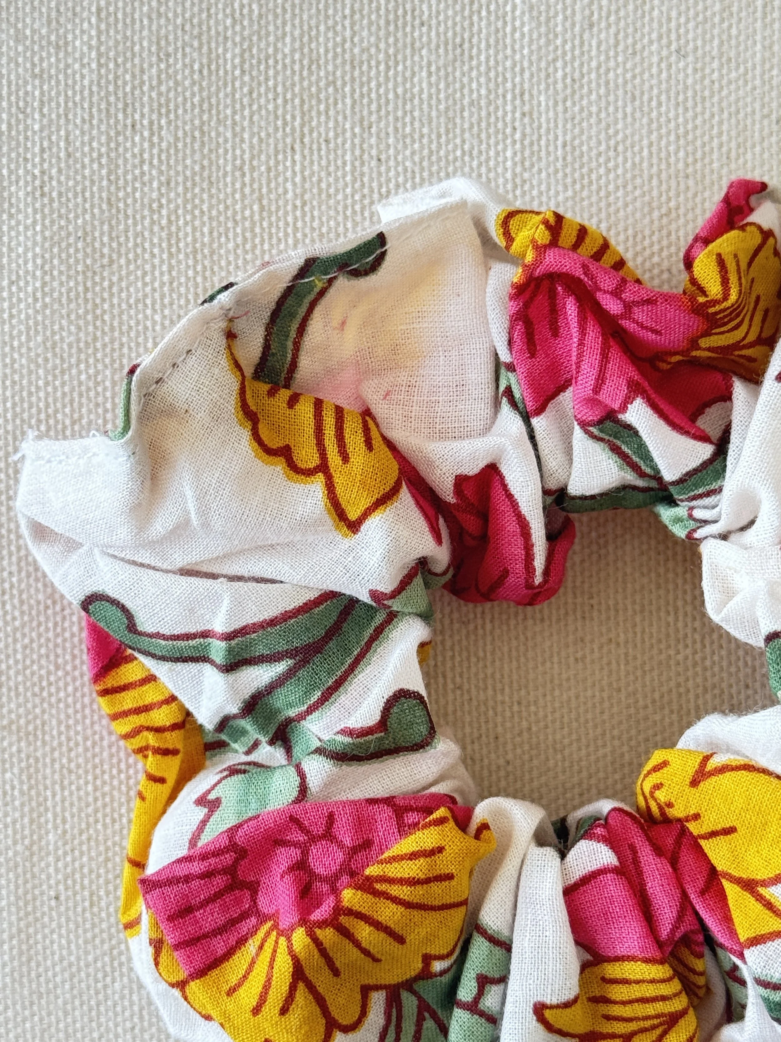 Upcycled Cotton Scrunchies – Lightweight Hair Accessory– White, Red, Yellow