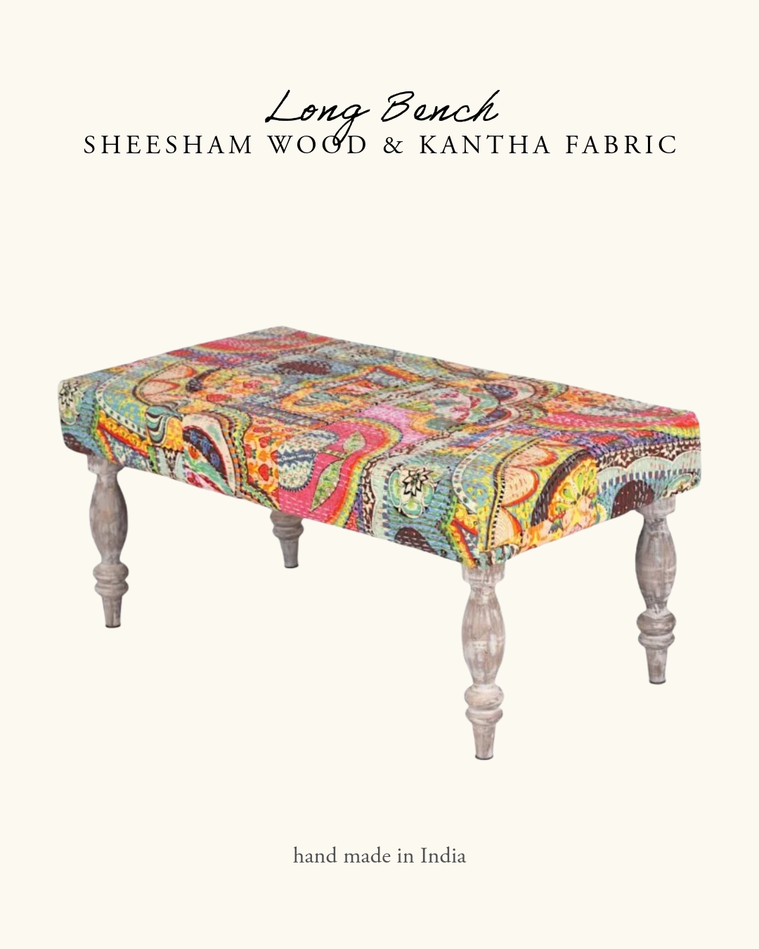 Indian Bench, Sheesham Wood & Cotton Rope- Kantha- Multicolour