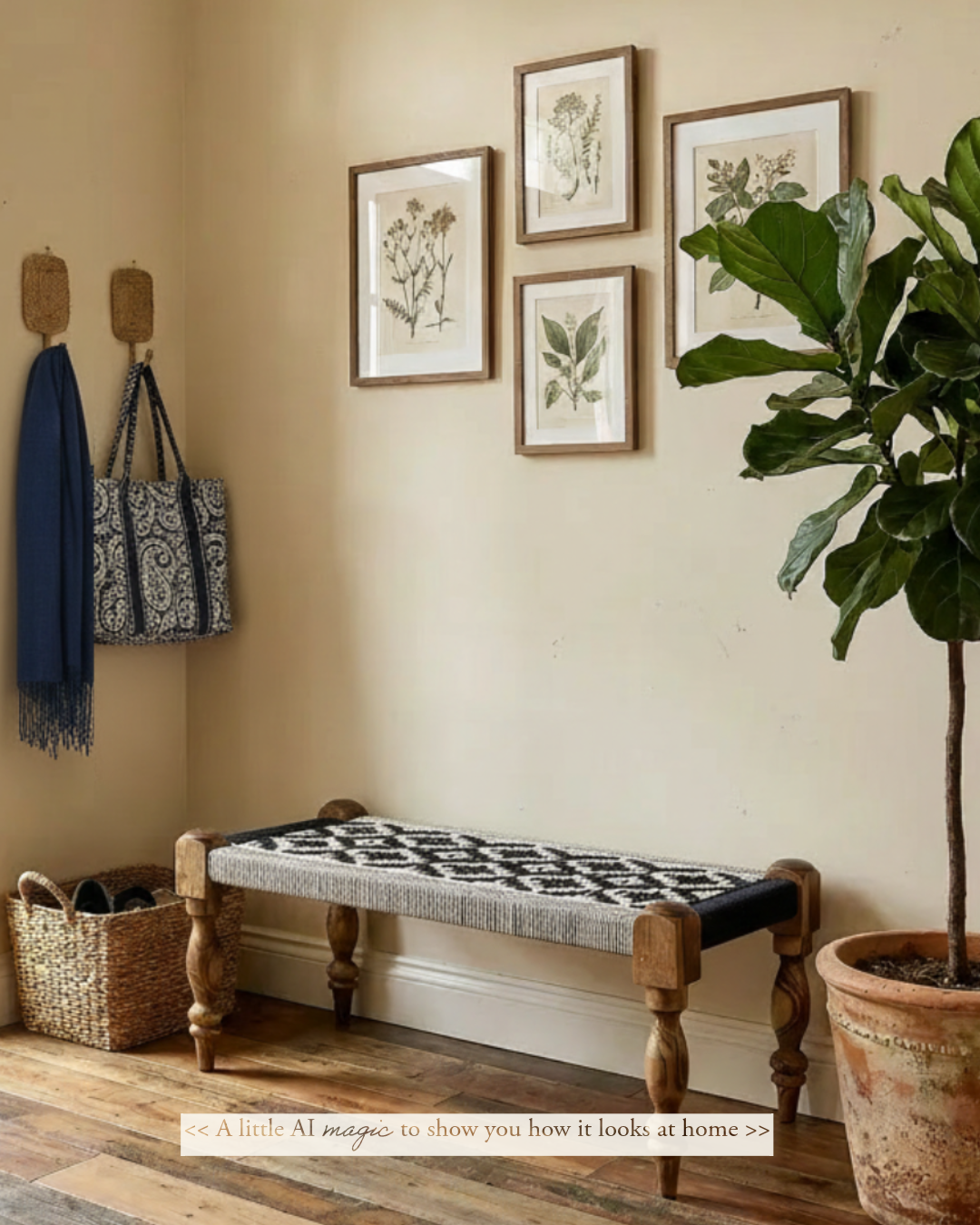 Indian Bench, Sheesham Wood & Cotton Rope- Black & White