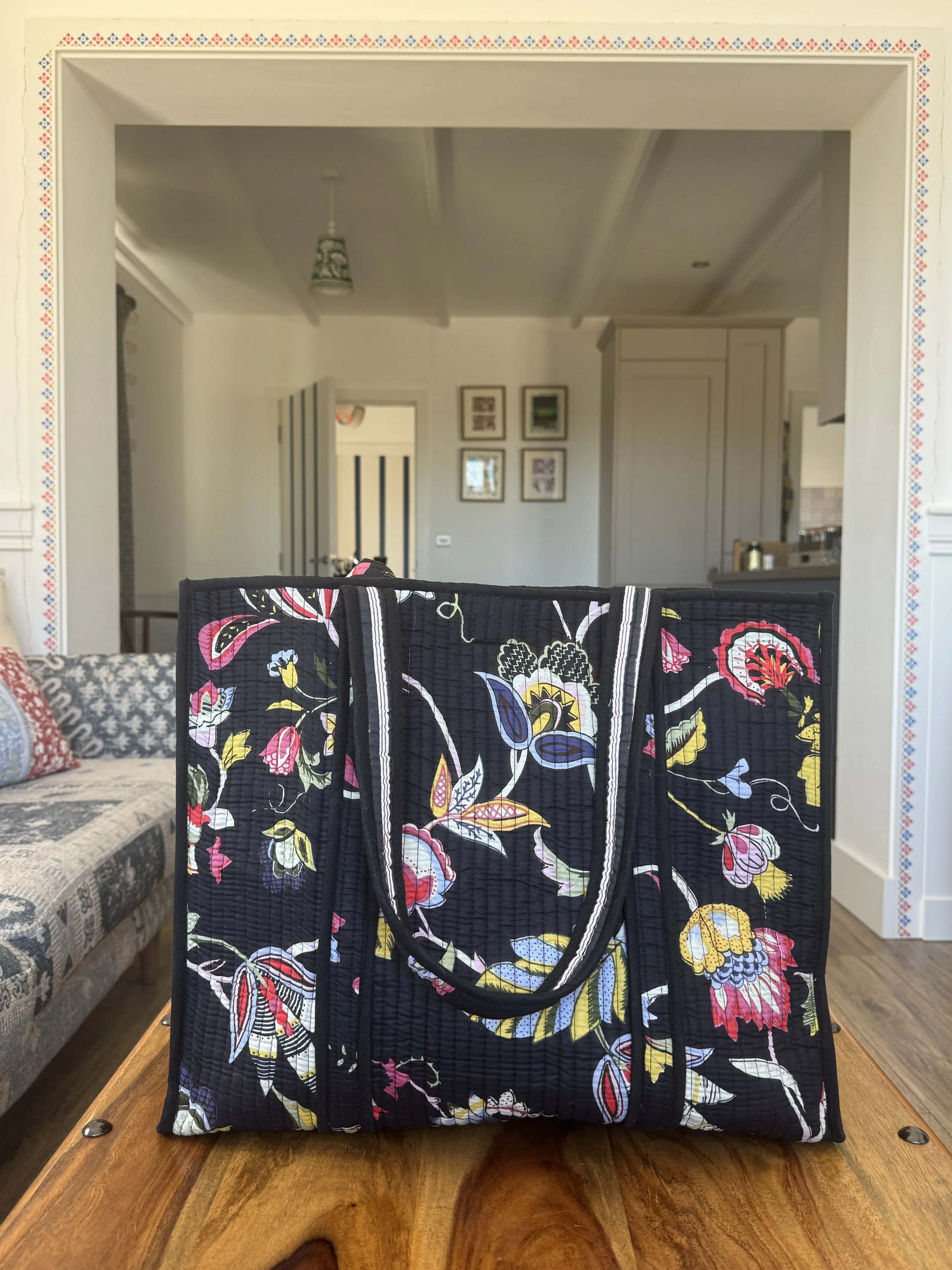 Quilted Cotton Tote Bag – Jaipur Floral Block Print Shoulder Bag- Black