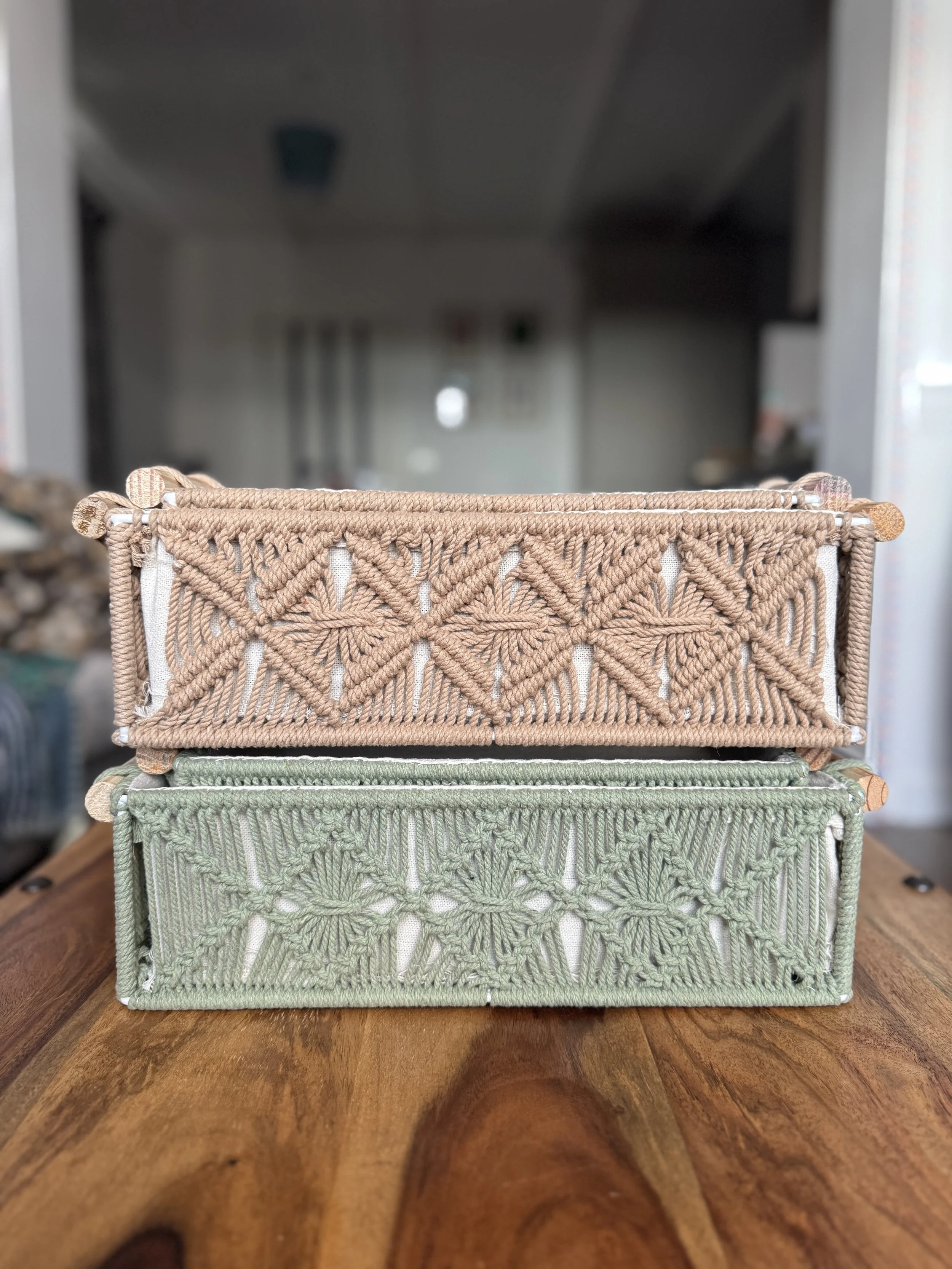 Macrame Set of Two GUest Towel, skincare, Makeup storage baskets in Natural and sage colours