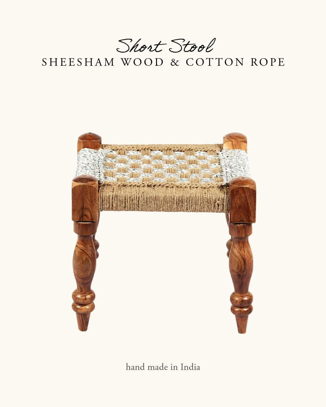Short Stool, Sheesham Wood & Cotton Rope- Natural Jute & Silver