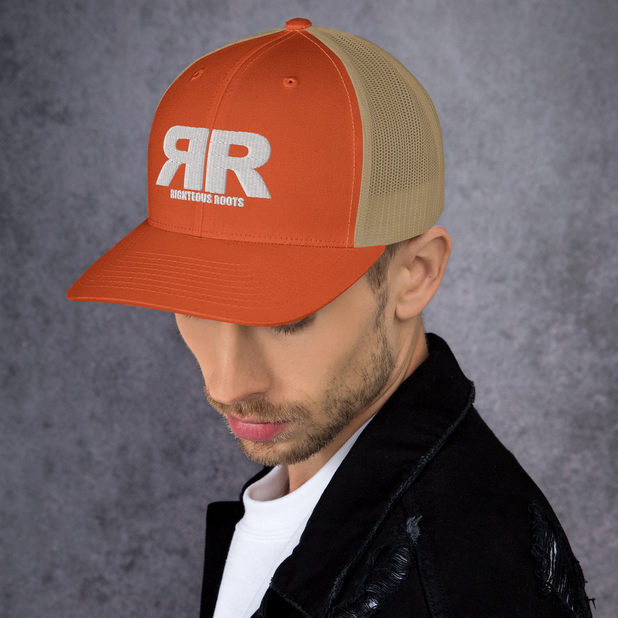 retro-trucker-hat-rustic-orange-khaki-left-681f665d13501.jpg