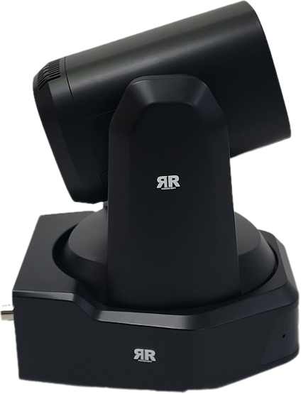 RR-NDI HD Black PTZ camera .Black robotic camera with a compact, streamlined design, featuring a rotating base.