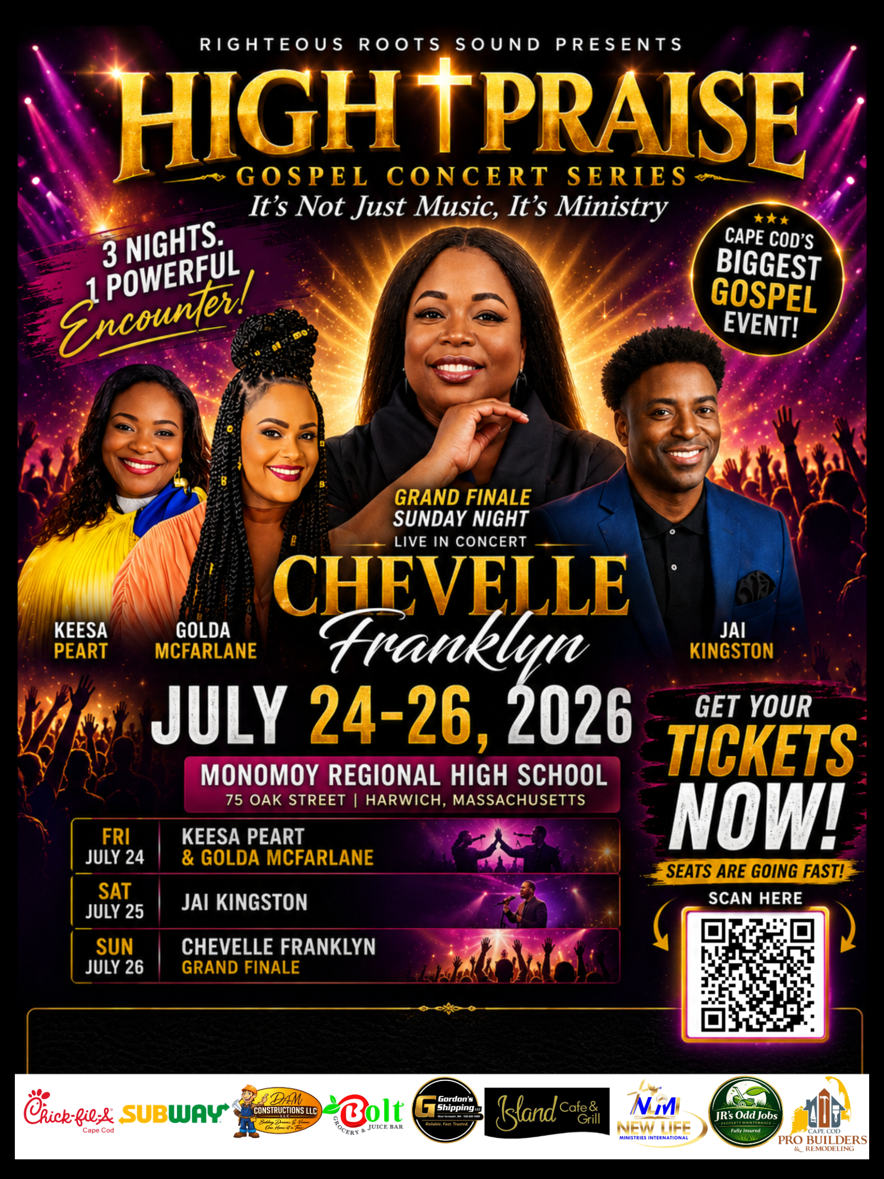 High Praise Gospel Concert Series 2026 Cape Cod Massachusetts featuring Chevelle Franklyn, Jai Kingston, Keesa Peart, Golda McFarlane and Kevin Heath