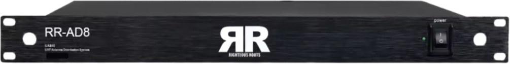 Front panel of a Righteous Roots RR-AD8 antenna distribution system with power switch.