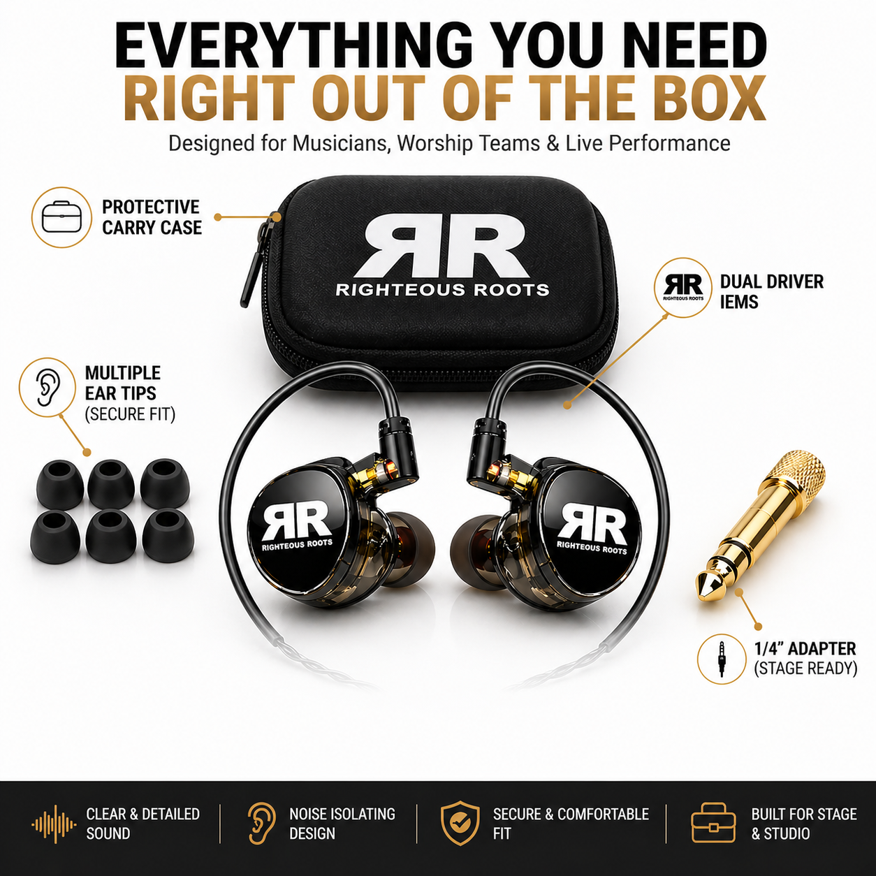 RR-EV1 professional in-ear monitor earphones with detachable cable, ear tips, adapter, and carrying case
