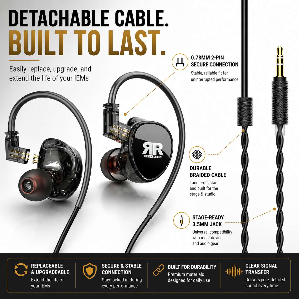 RR-EV1 detachable 0.78mm 2-pin cable professional in-ear monitor system