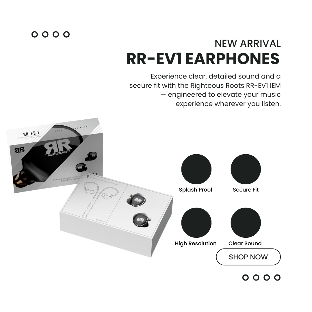 Righteous Roots RR-EV1 retail packaging and presentation box for professional dual driver in-ear monitors.
