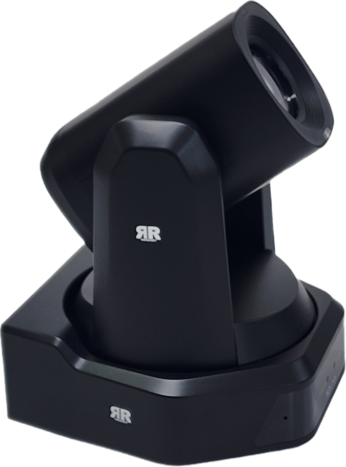 RR-NDI HD Black PTZ camera .High-definition PTZ camera with NDI|HX technology, featuring a black, sleek design and mounted on a base with labeled standby and power indicators.