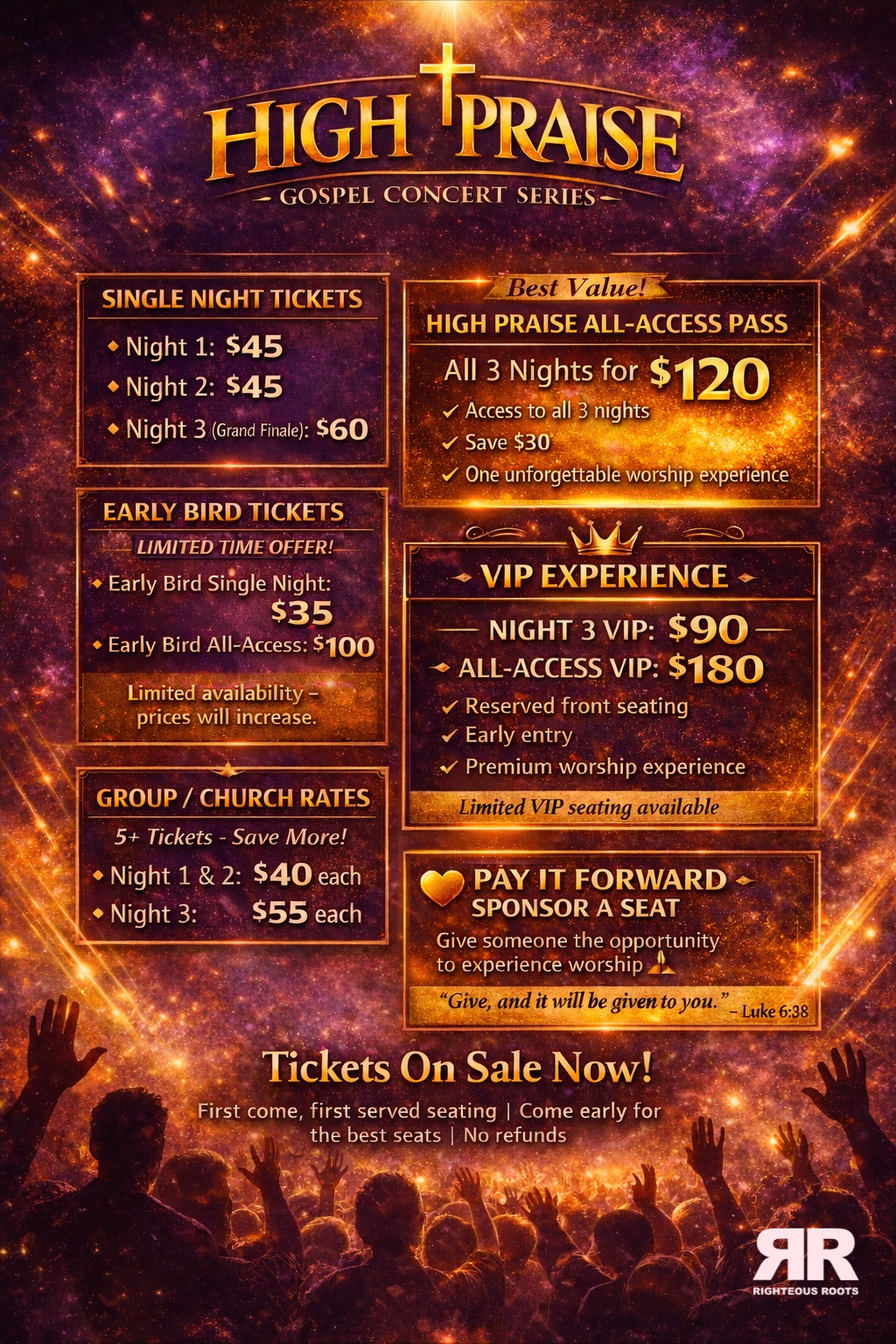 High Praise Gospel Concert Series 2026 ticket pricing flyer for Cape Cod Massachusetts featuring 3-night event and ticket options (Copy) (Copy)