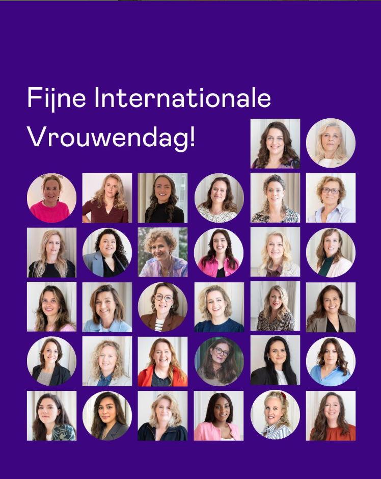 A digital graphic celebrating International Women's Day featuring a purple background and a collage of 25 diverse women’s photos with a message in Dutch that says 'Fijne Internationale Vrouwendag!'