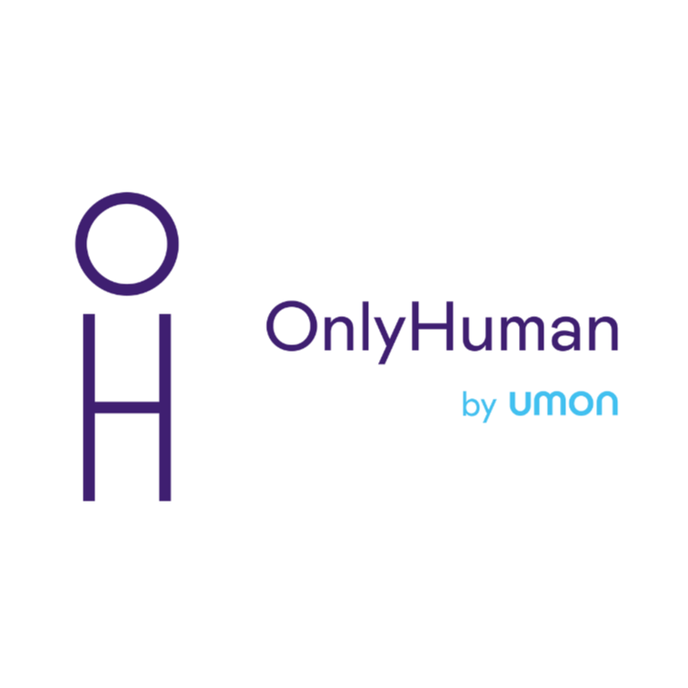 Logo with the chemical symbol for oxygen, the phrase "OnlyHuman by UMON" in purple and blue text.