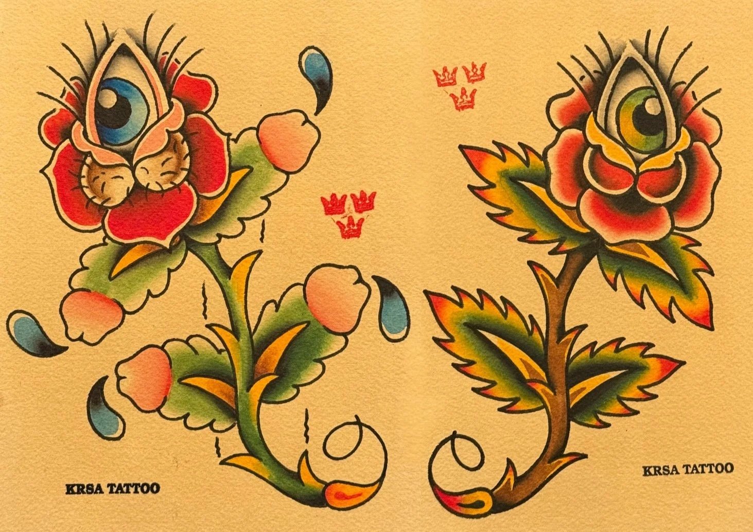 Tradiční design, traditional tattoo, tattoo flash, růže, rose, eye, oko, kinky