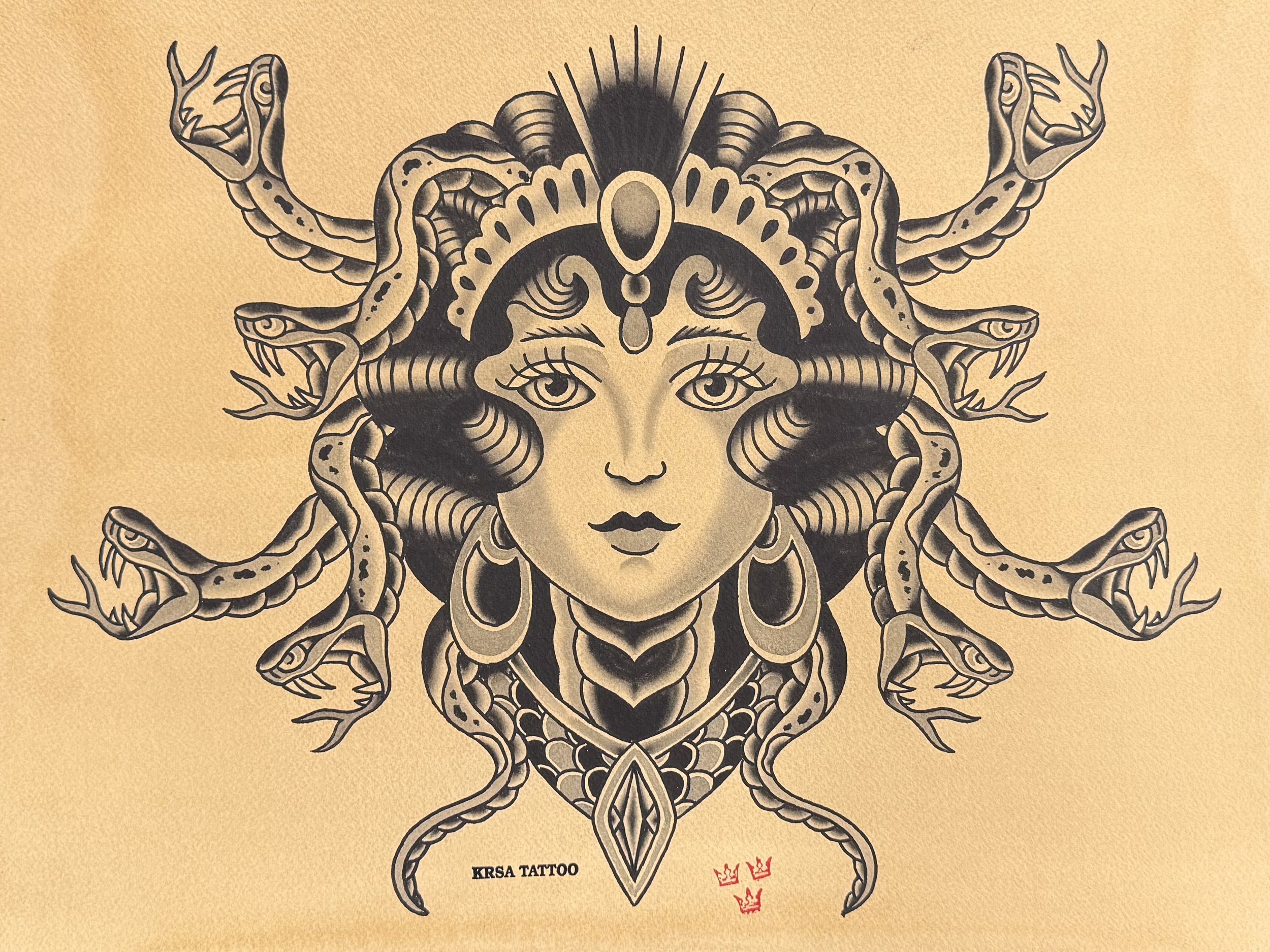 Tradiční design, traditional tattoo, tattoo flash, medusa, medůza, žena, had