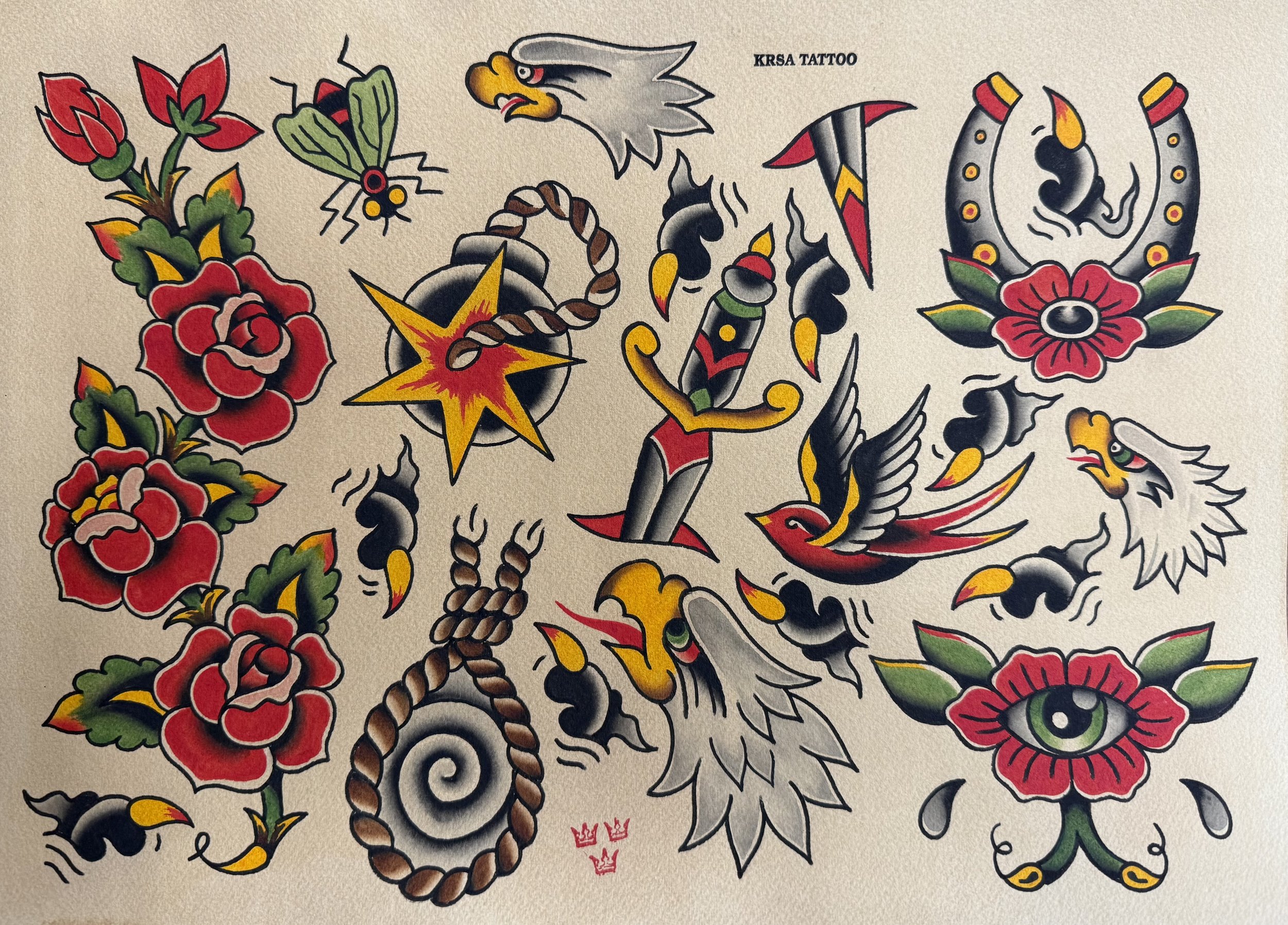 Tradiční design, traditional tattoo, tattoo flash, růže, moucha, orel, dýka