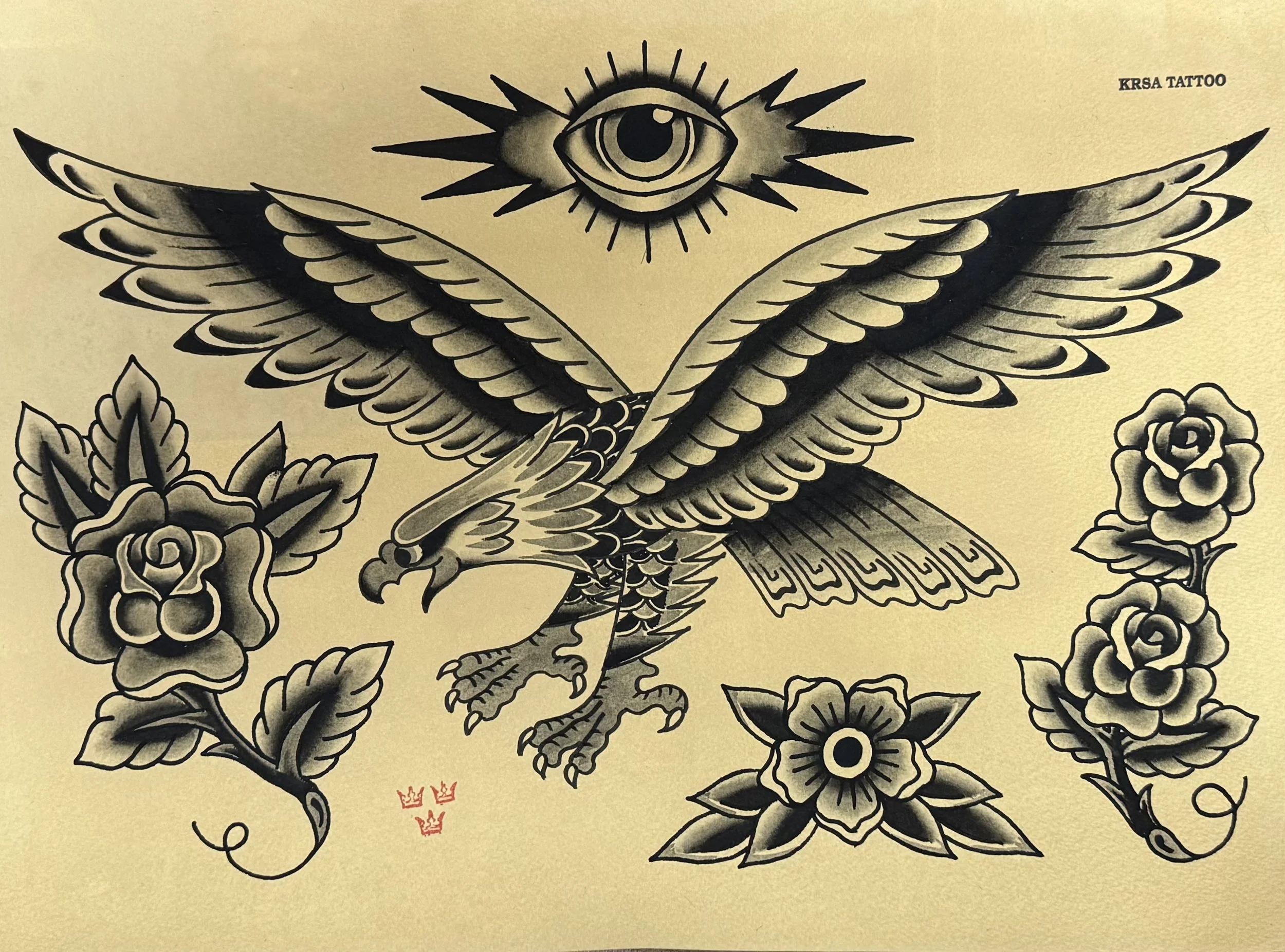 Tradiční design, traditional tattoo, tattoo flash, růže, orel, oko