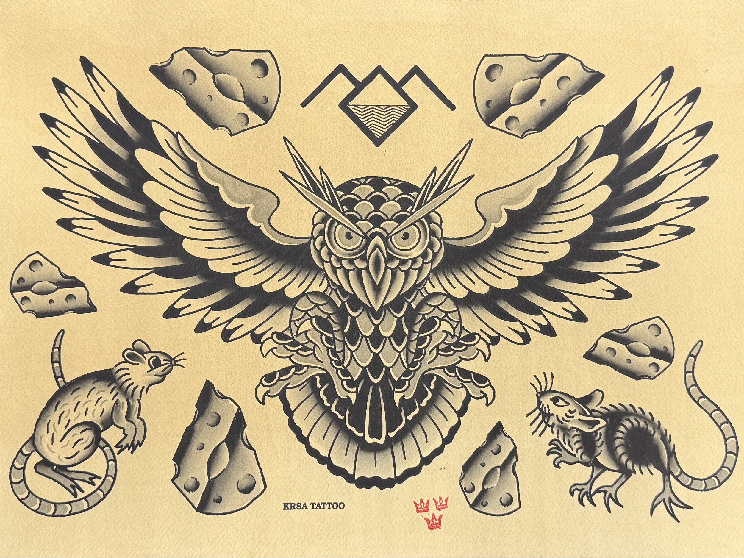 Tradiční design, traditional tattoo, tattoo flash, sova, myš, sýr