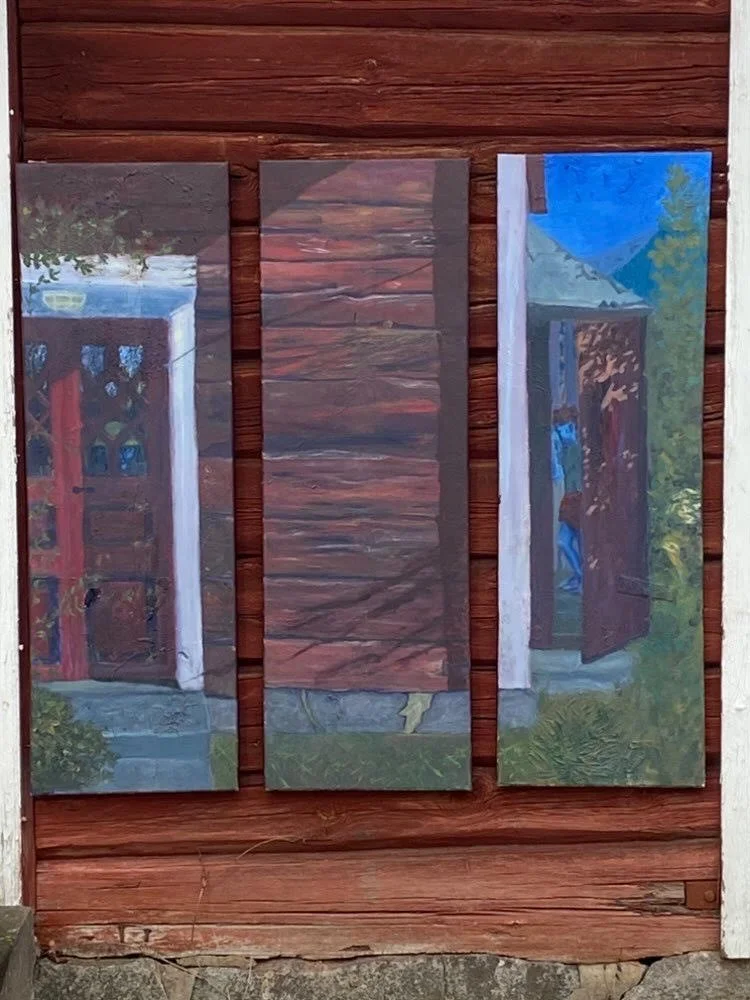 "Little red cottage" oil on linen, triptych, 120 x 40 cm x 3, 2025.