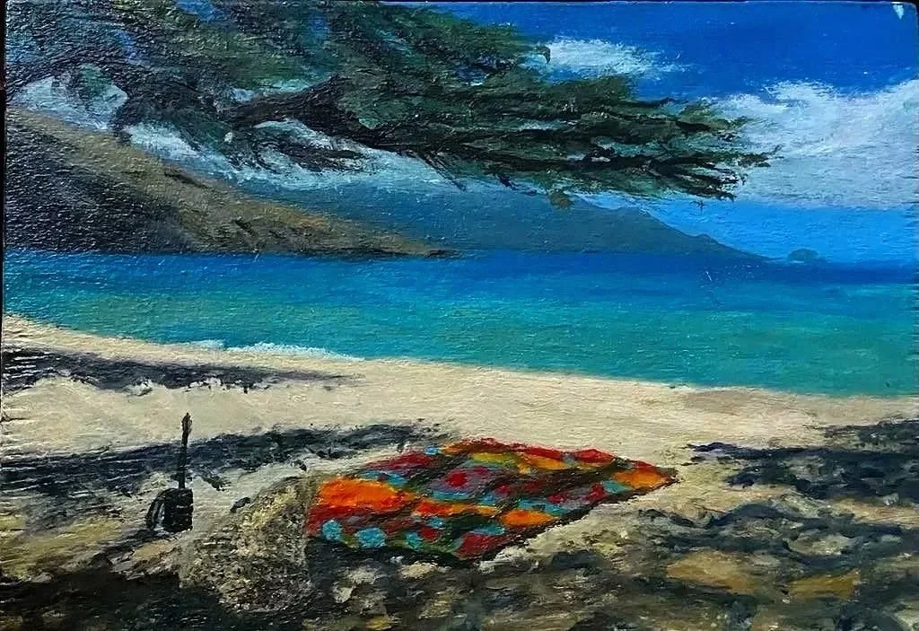 "Maui beach transistor" oil on recycled wood, 18 x 24 cm, 2024.