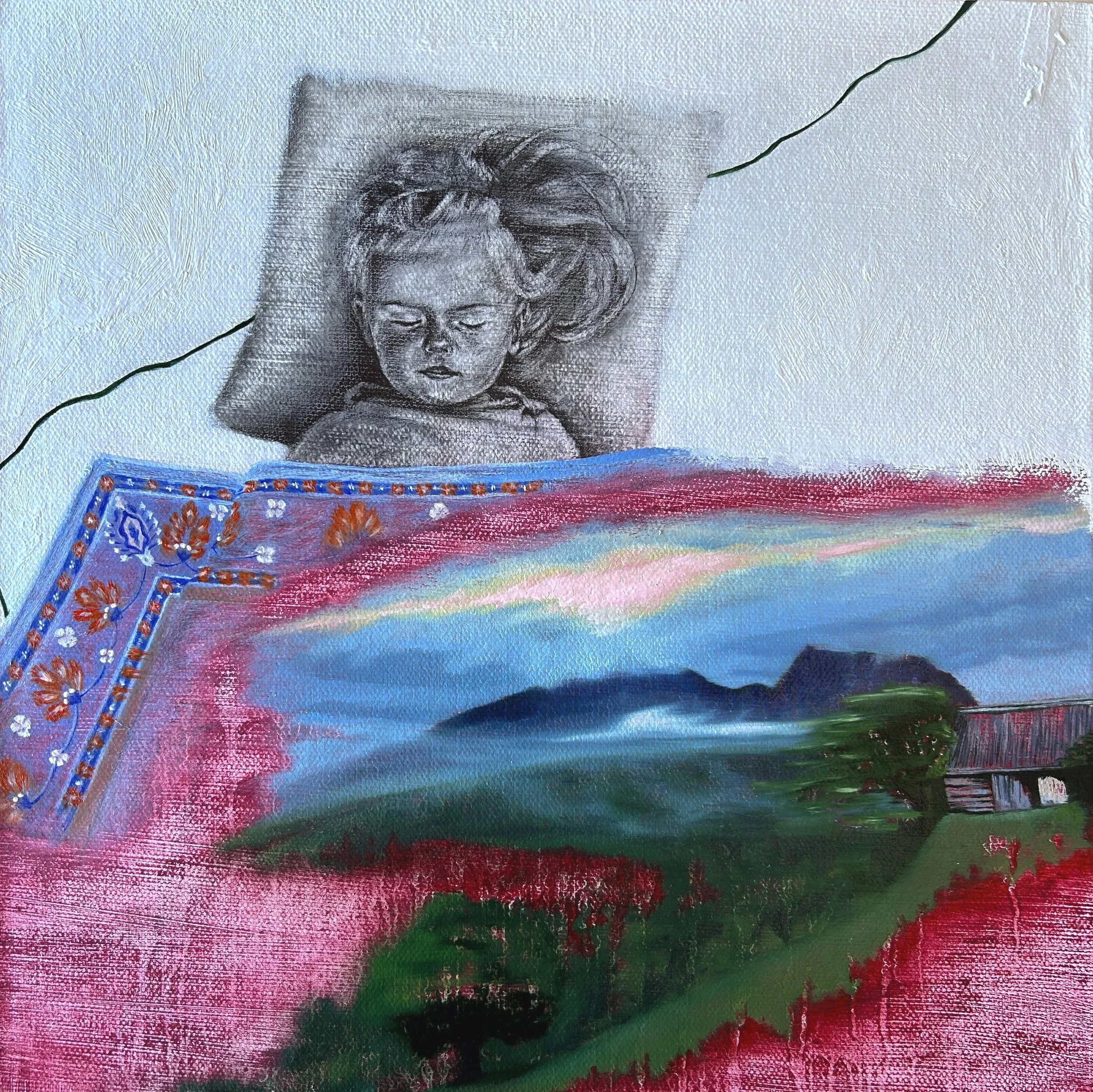 There was once in the present, 2024  mixed media on canvas cardboard, graphite and oil paint  30 x 30 cm by Andrada Lolu.