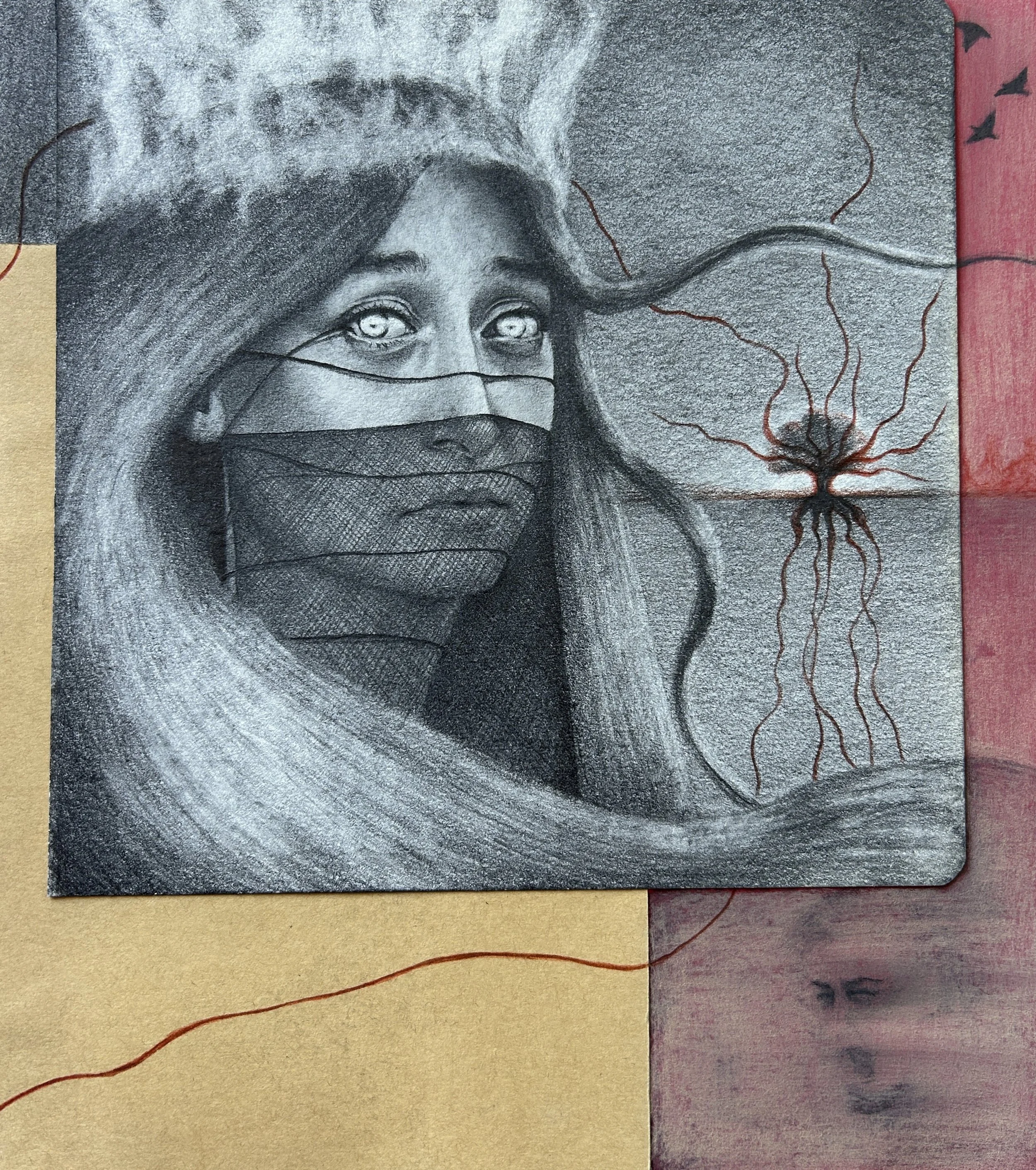 as I drift away, crown me with the Burning fire, 2026  mixed media on paper  24 × 27 cm by Andrada Lolu.